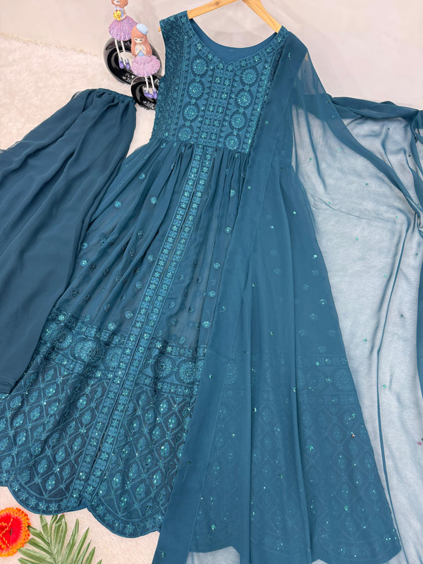 Designer Teal Color Heavy Fuax Georgette Fancy Cut Top With Plazzo Suit Set