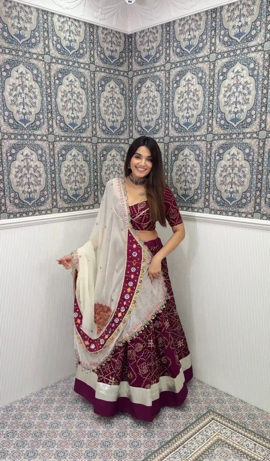 Navratri Special Prachi Solanki Wear Maroon Color Maslin Lehenga Choli