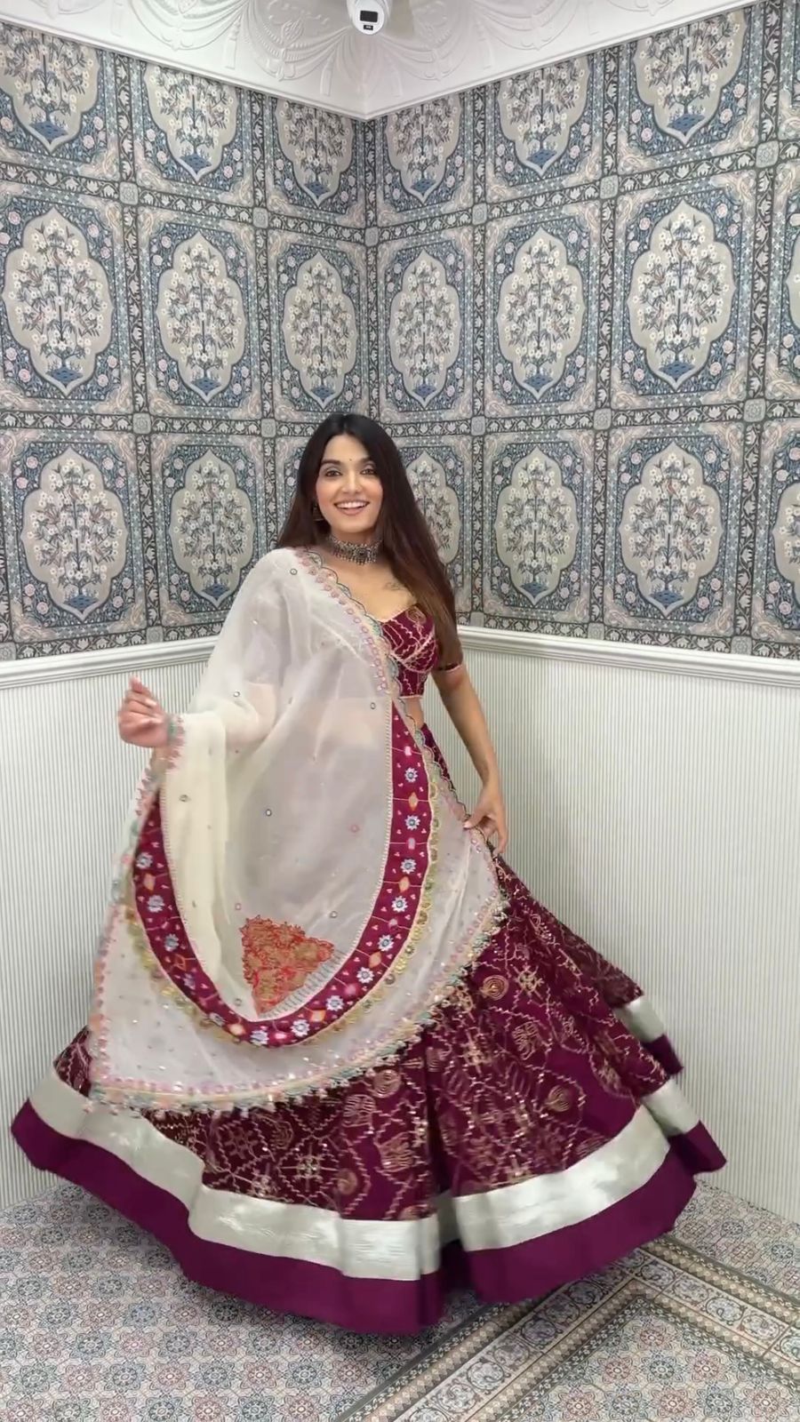 Navratri Special Prachi Solanki Wear Maroon Color Maslin Lehenga Choli