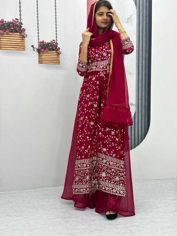 Party Wear Maroon Color Georgette Heavy Embroidery Sequence Work Plazzo Suit