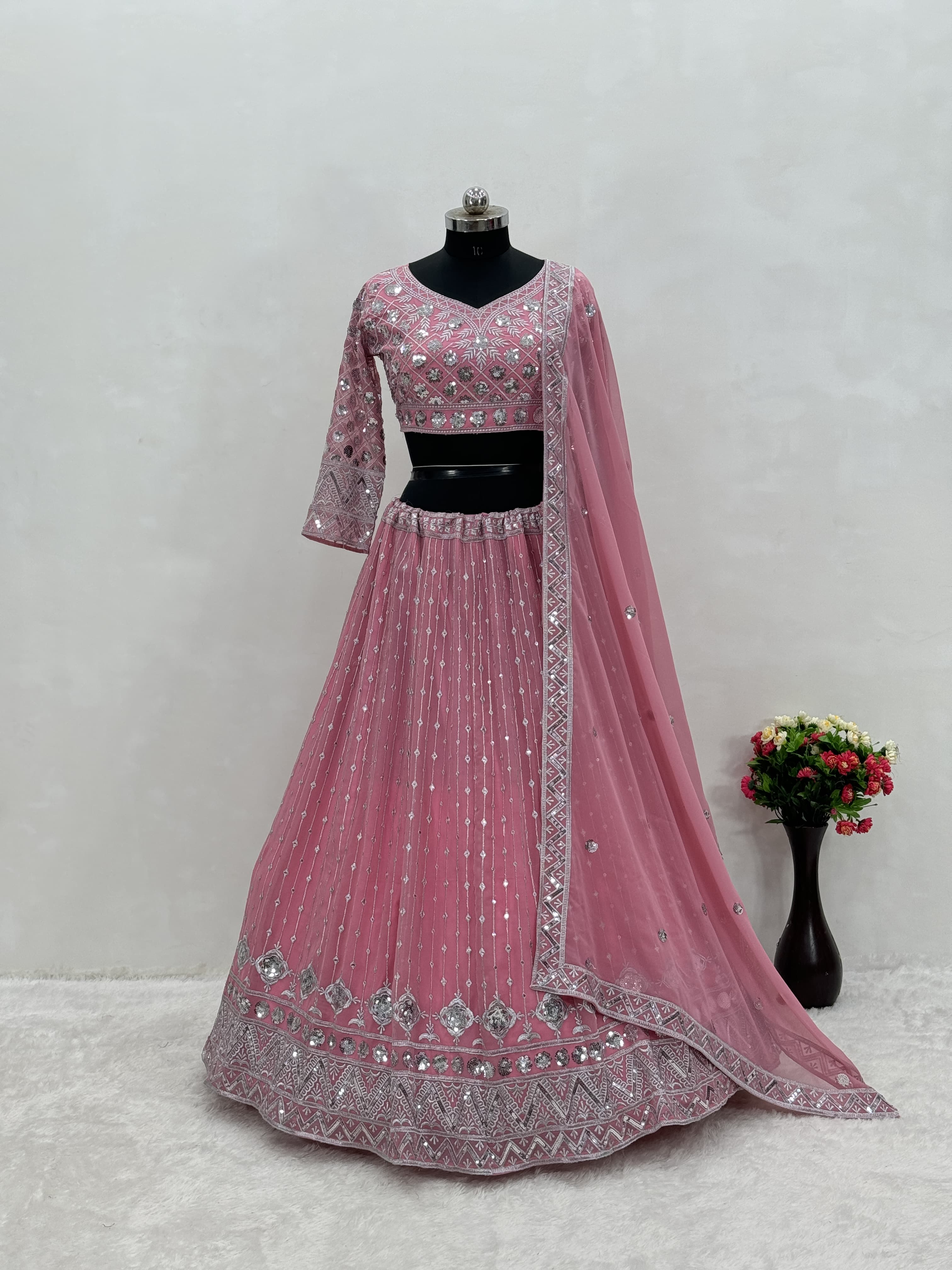 Bridal Wear Heavy Embroidered Sequence Work Peach Lehengas Choli With Dupatta