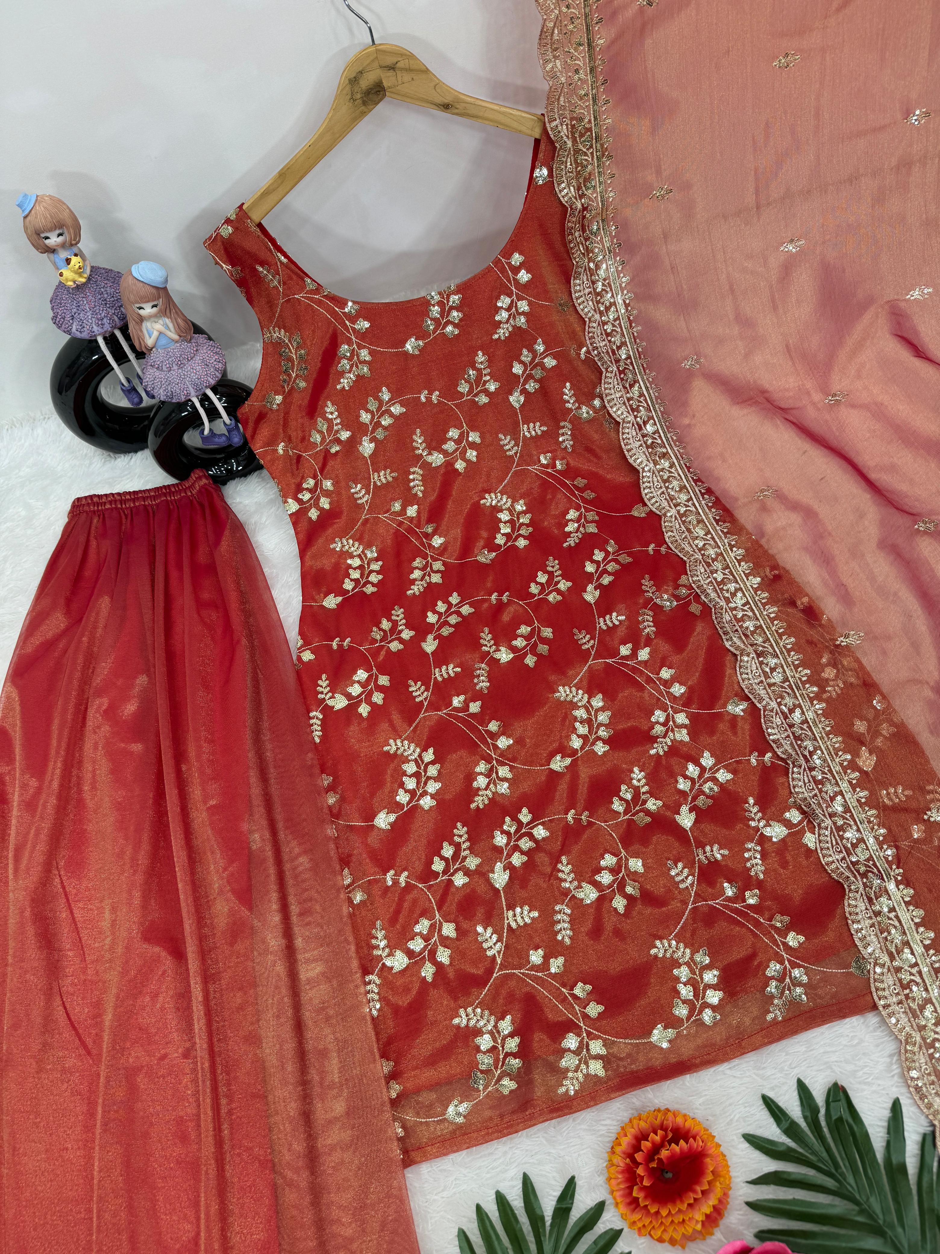 Latest Designer Rust Orange Color Organza With Sequence Work Sharara Set With Straps