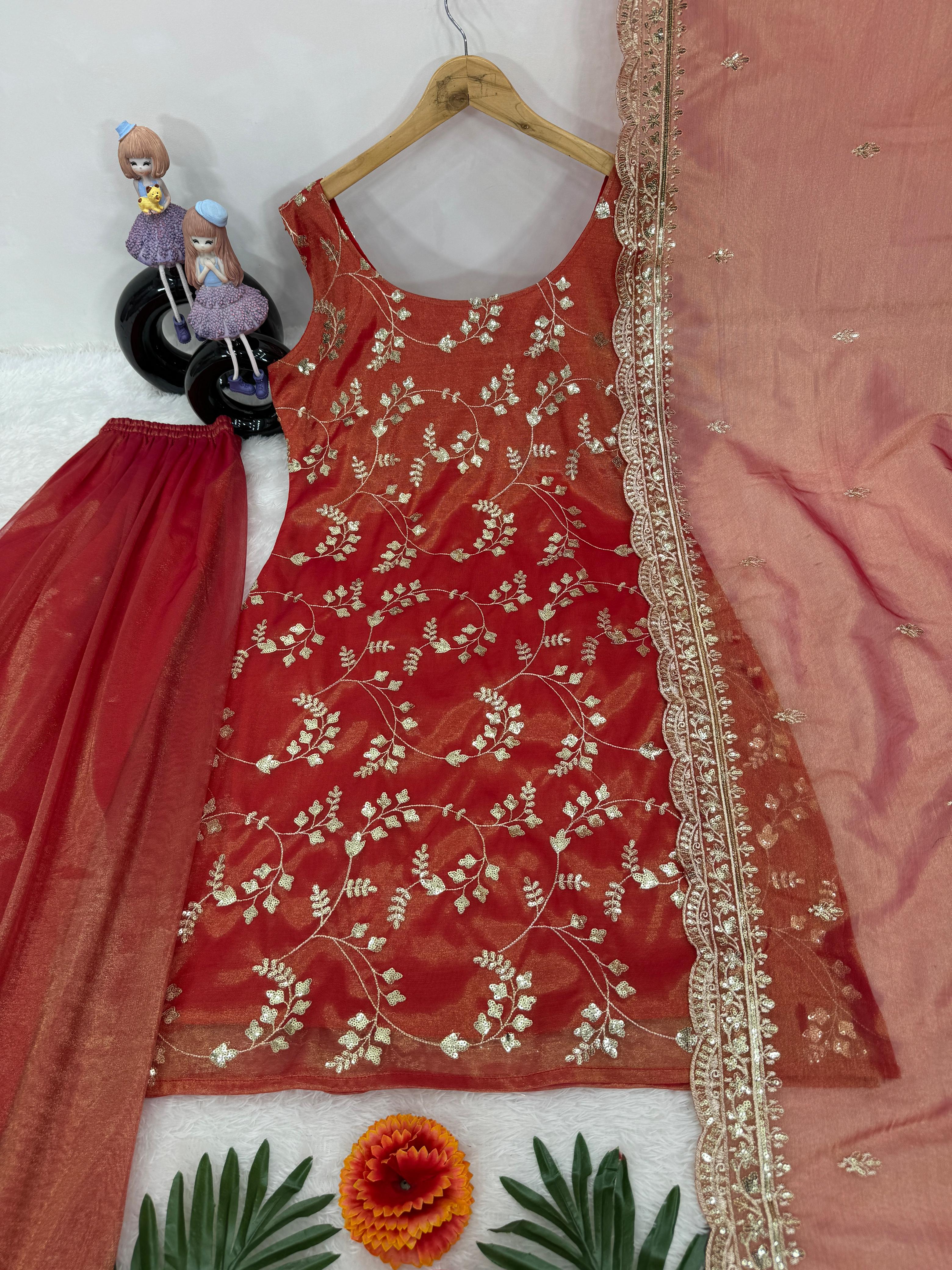 Latest Designer Rust Orange Color Organza With Sequence Work Sharara Set With Straps