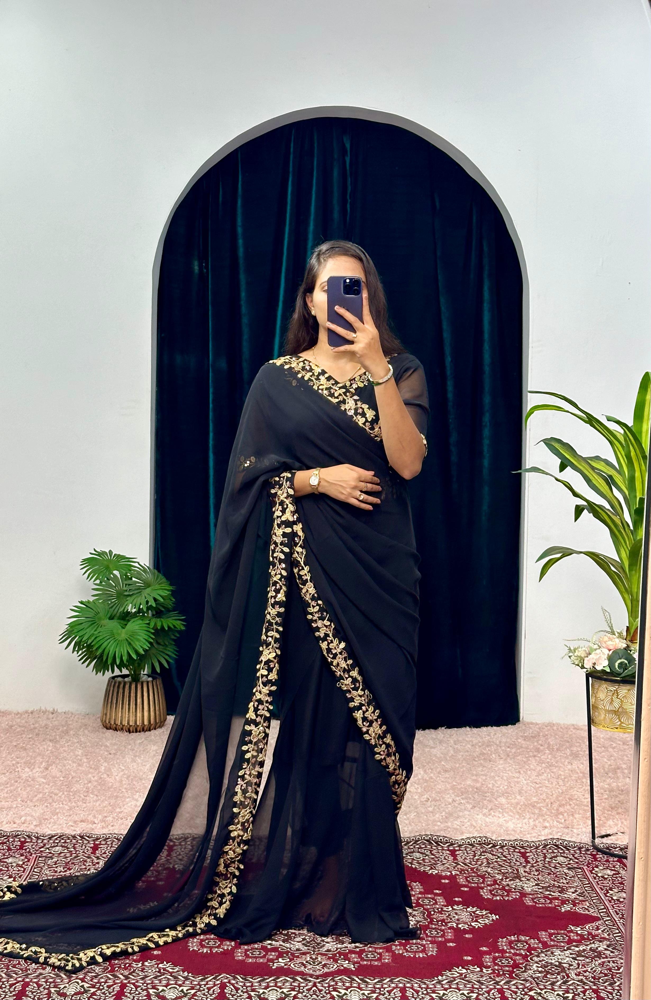 Classic Black Color Faux Georgette Desinger Saree Gown