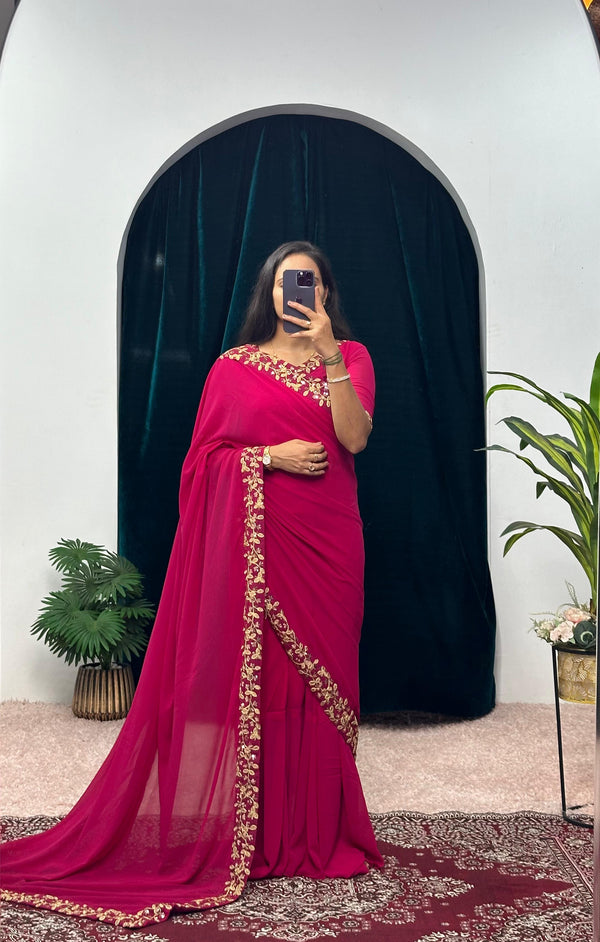 Stunning Pink Color Faux Georgette Desinger Saree Gown