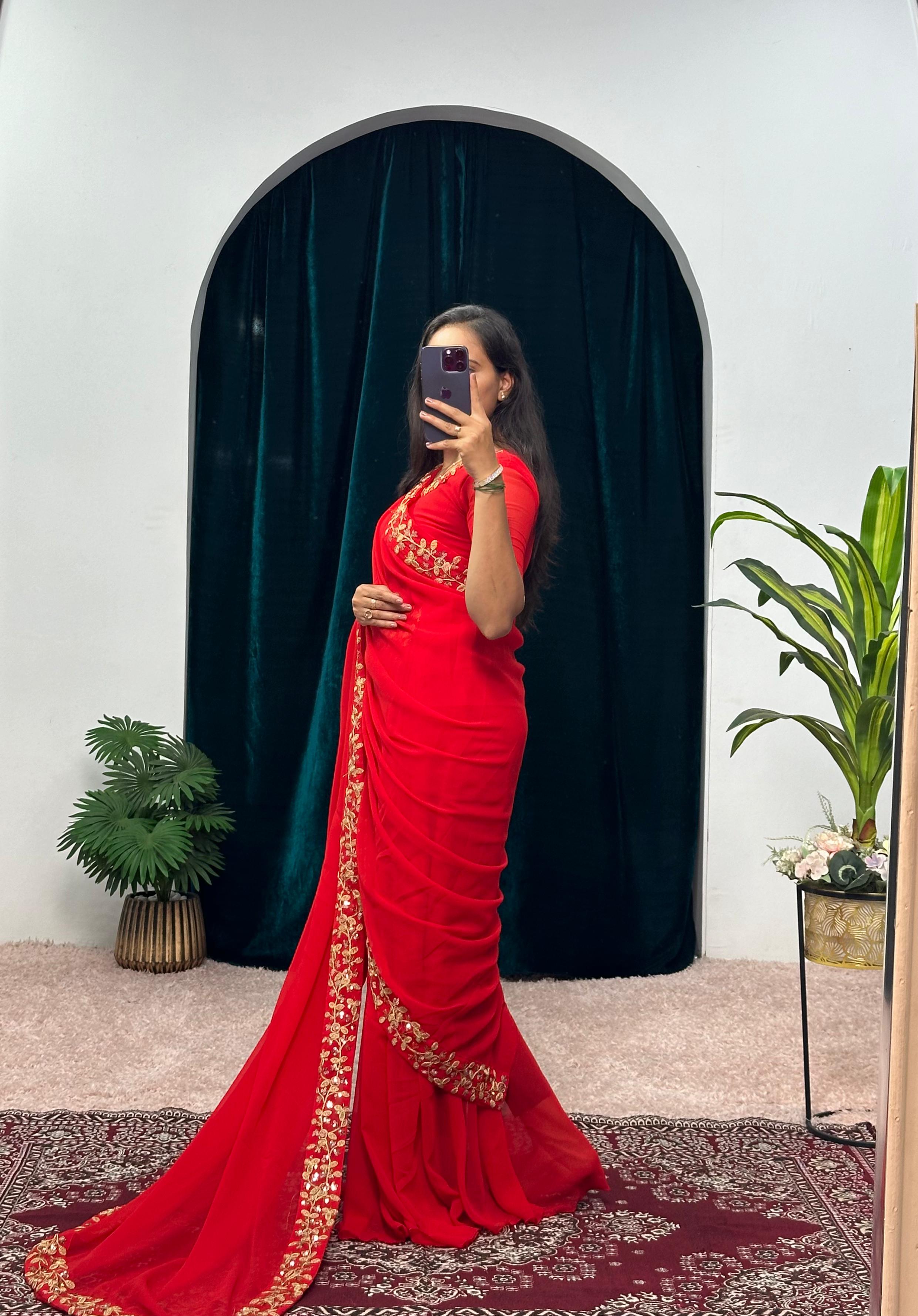 Fabulous Red Color Faux Georgette Desinger Saree Gown