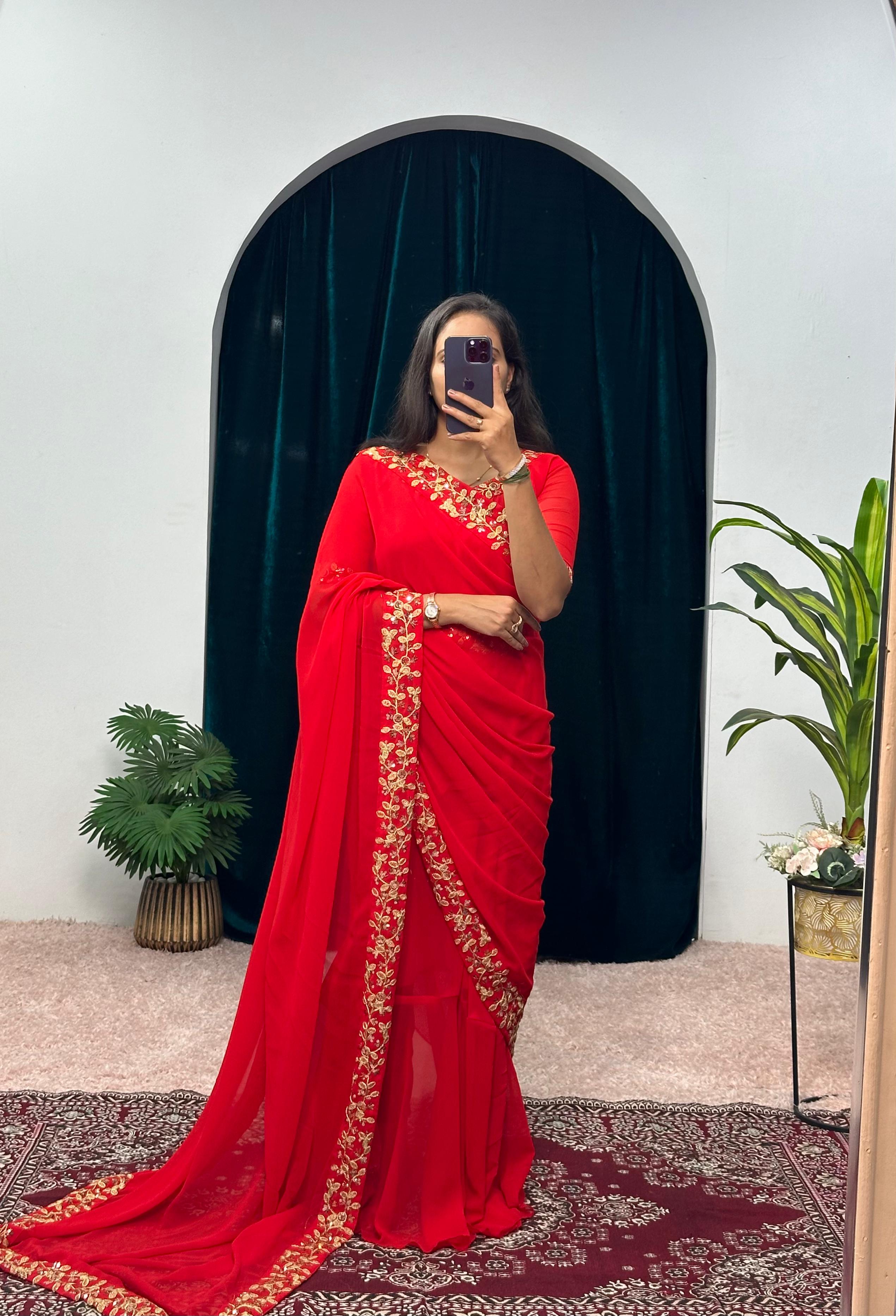 Fabulous Red Color Faux Georgette Desinger Saree Gown