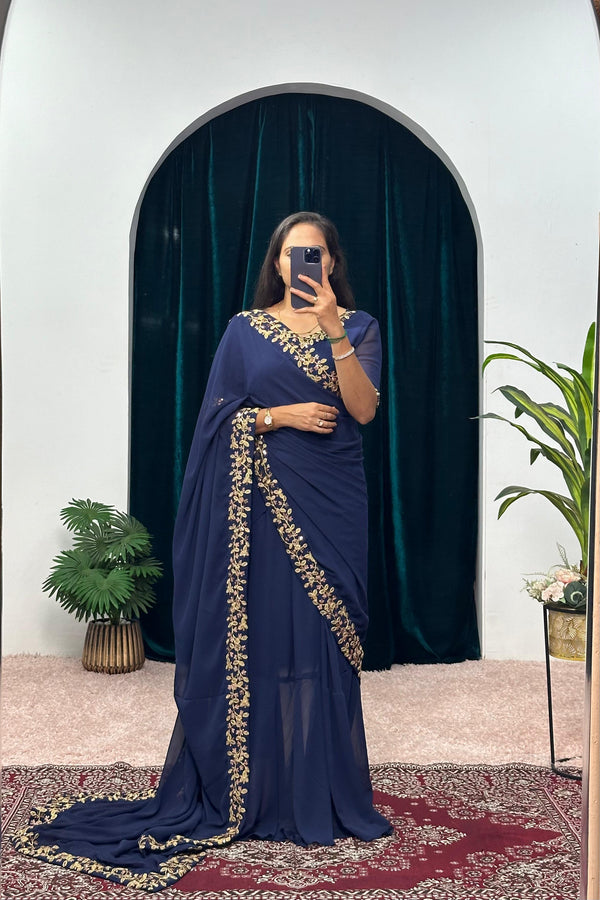 Glorious Navy Blue Color Faux Georgette Desinger Saree Gown