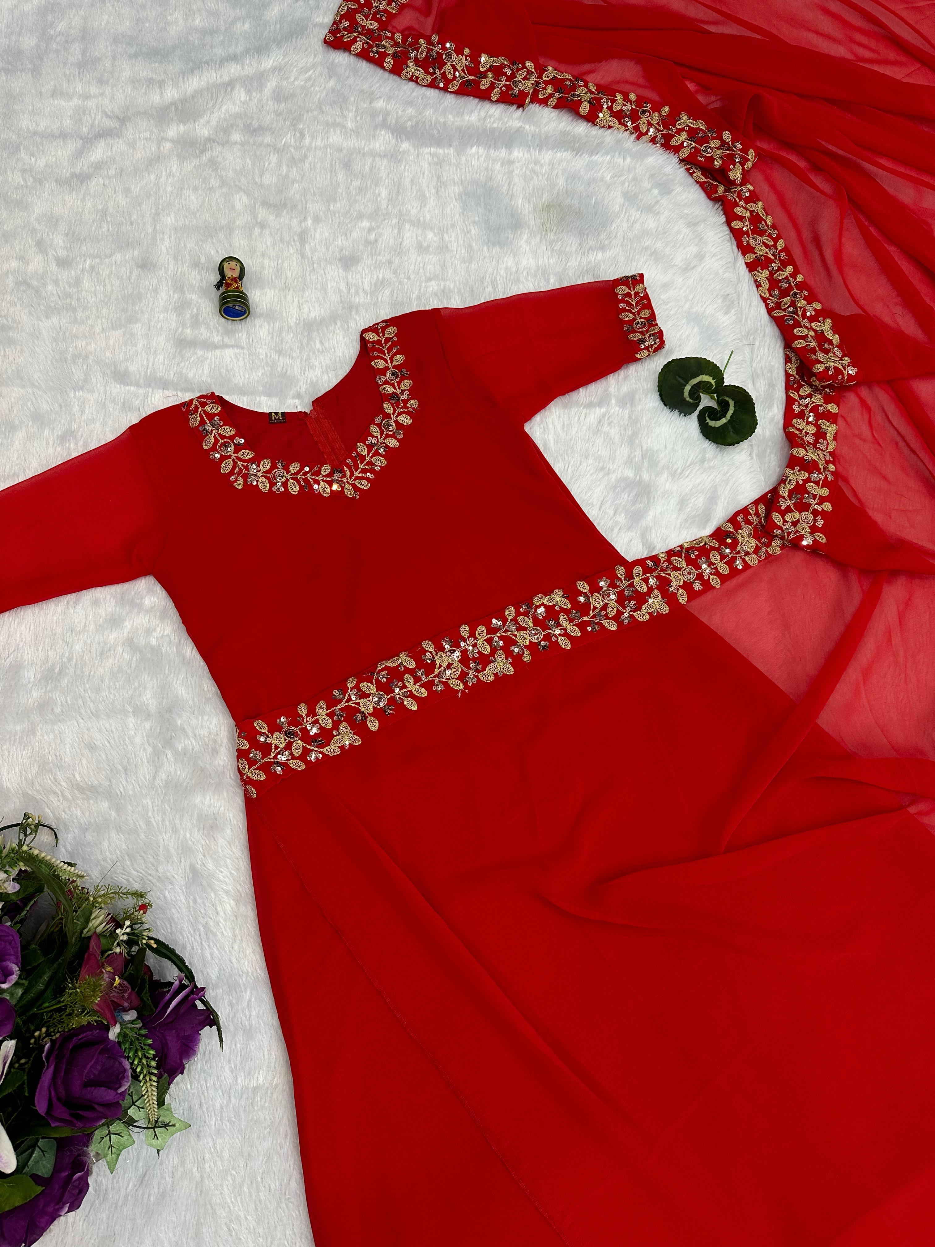 Fabulous Red Color Faux Georgette Desinger Saree Gown