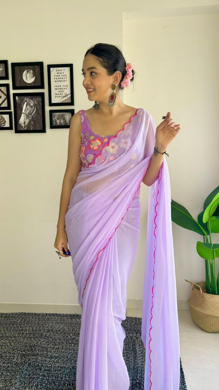 Ravishing Lavender Color Georgette Silk With Sequence Blouse Beautiful Saree