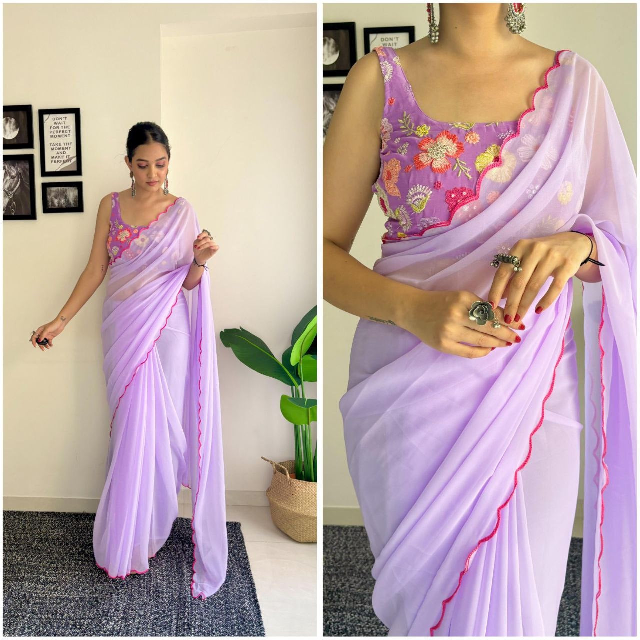 Ravishing Lavender Color Georgette Silk With Sequence Blouse Beautiful Saree