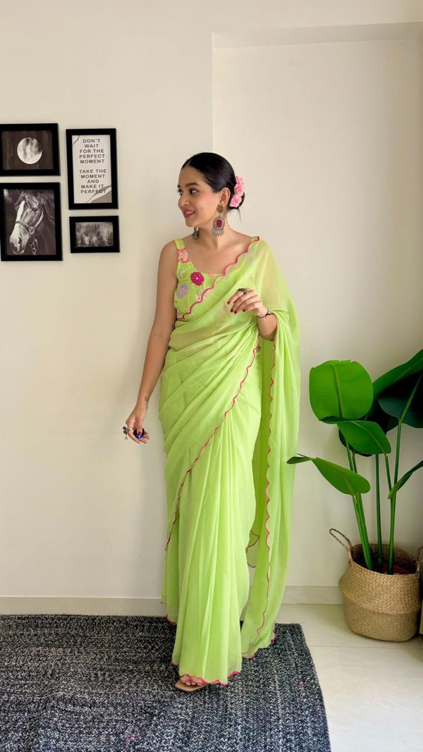 Ravishing Parrot Green Color Georgette Silk With Sequence Blouse Beautiful Saree