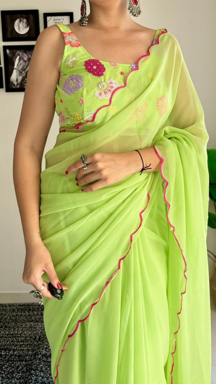 Ravishing Parrot Green Color Georgette Silk With Sequence Blouse Beautiful Saree