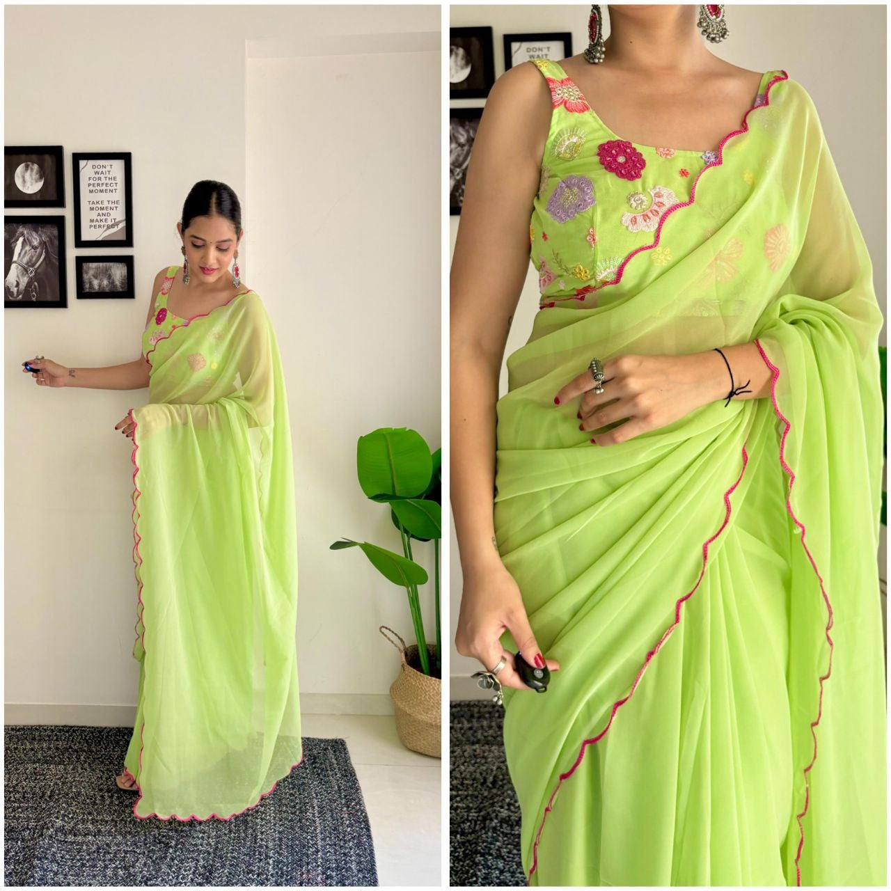 Ravishing Parrot Green Color Georgette Silk With Sequence Blouse Beautiful Saree