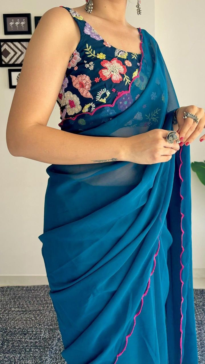 Ravishing Teal Blue Color Georgette Silk With Sequence Blouse Beautiful Saree