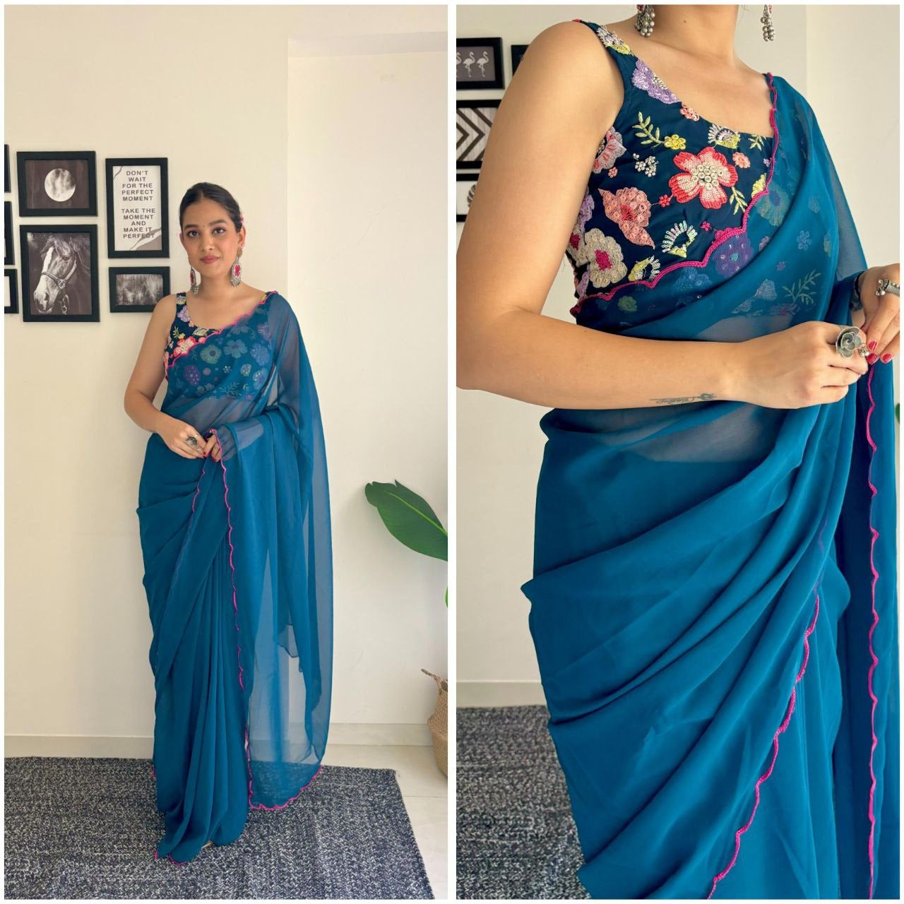 Ravishing Teal Blue Color Georgette Silk With Sequence Blouse Beautiful Saree