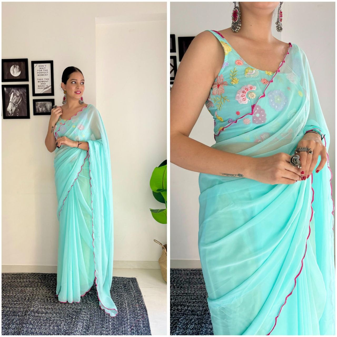 Graceful Sky Blue Color Georgette Silk With Sequence Blouse Beautiful Saree