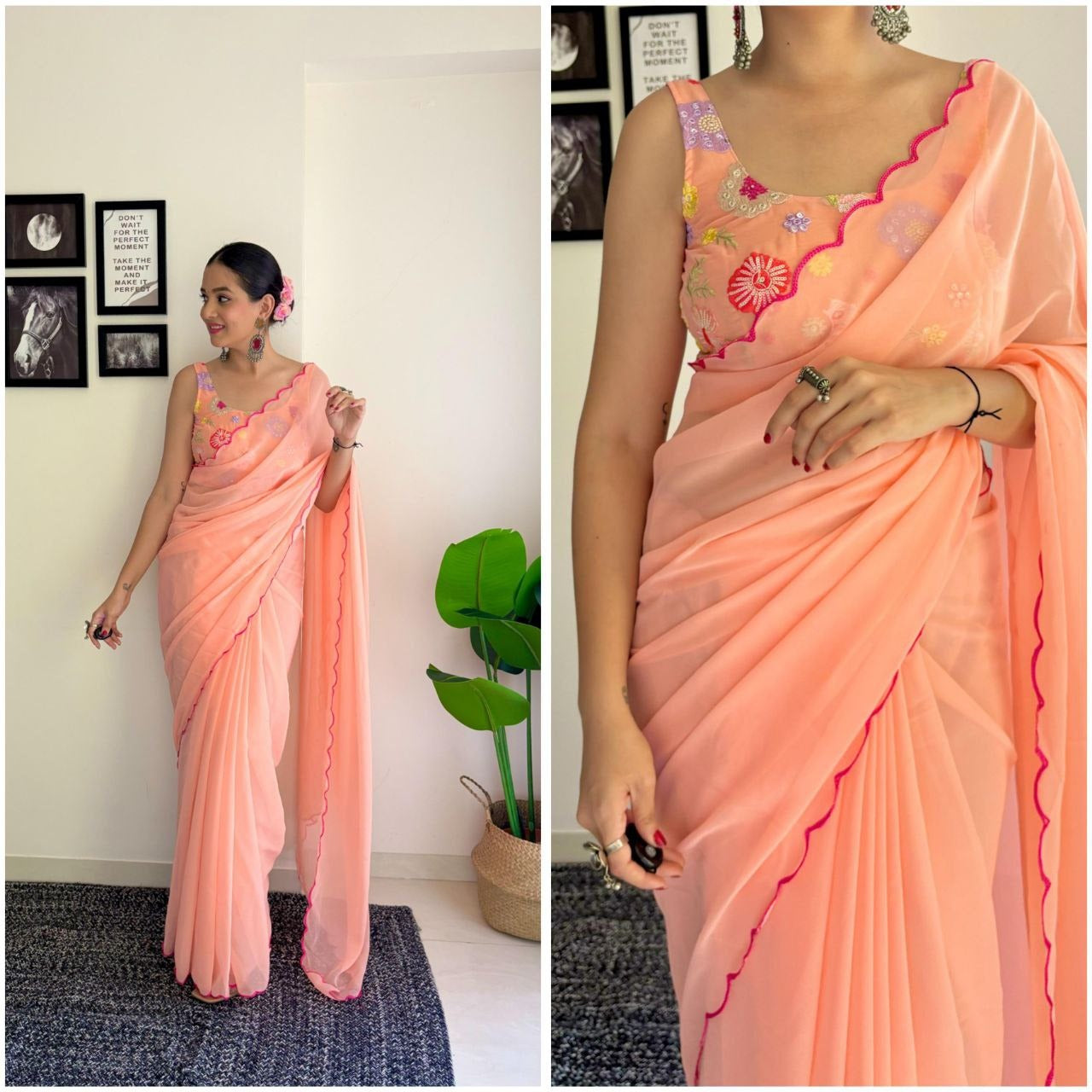 Peaceful Peach Color Georgette Silk With Sequence Blouse Beautiful Saree