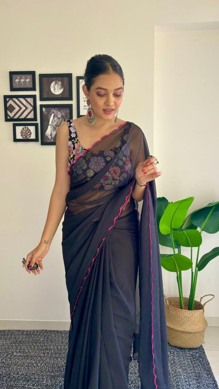 Fantastic Black Color Georgette Silk With Sequence Blouse Beautiful Saree