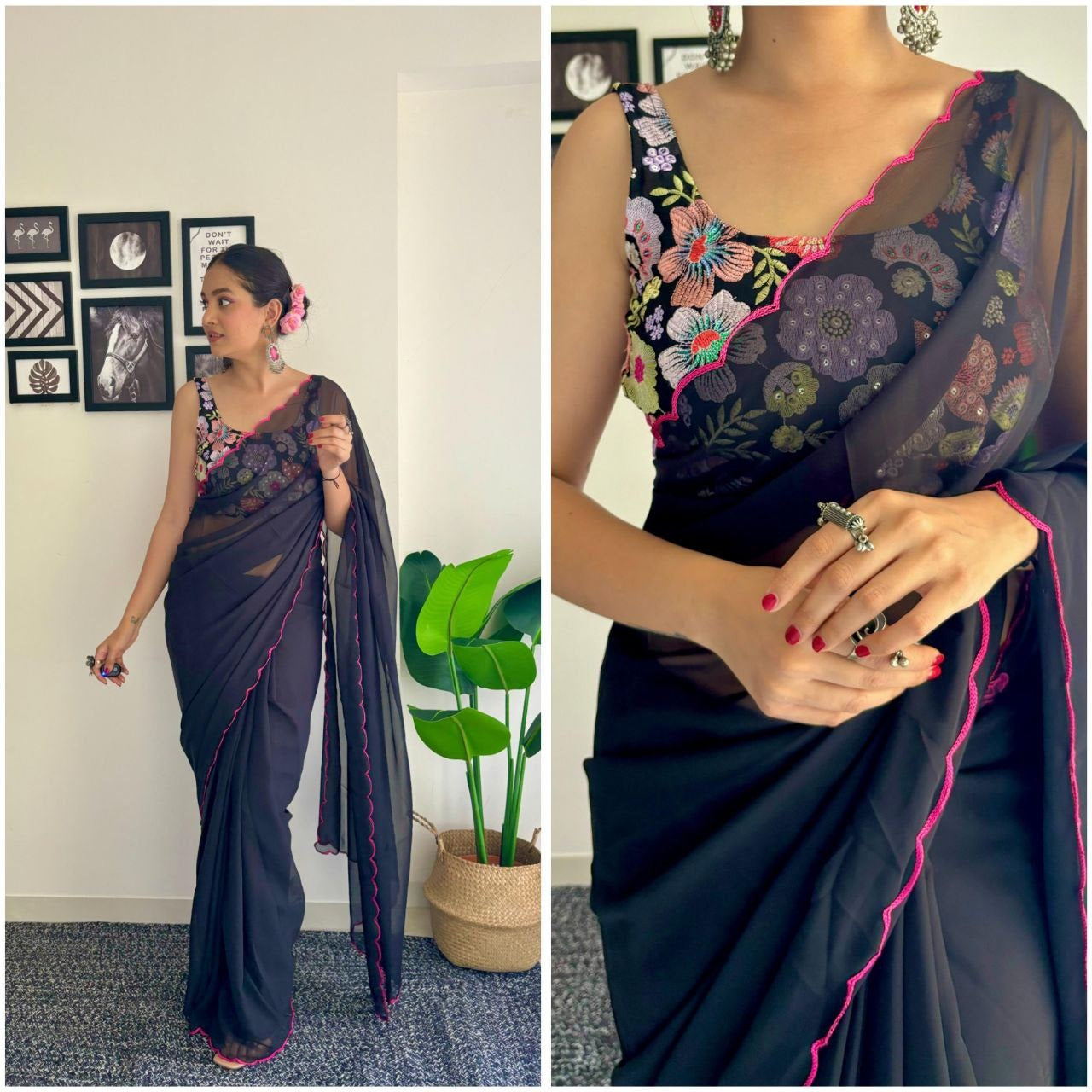 Fantastic Black Color Georgette Silk With Sequence Blouse Beautiful Saree