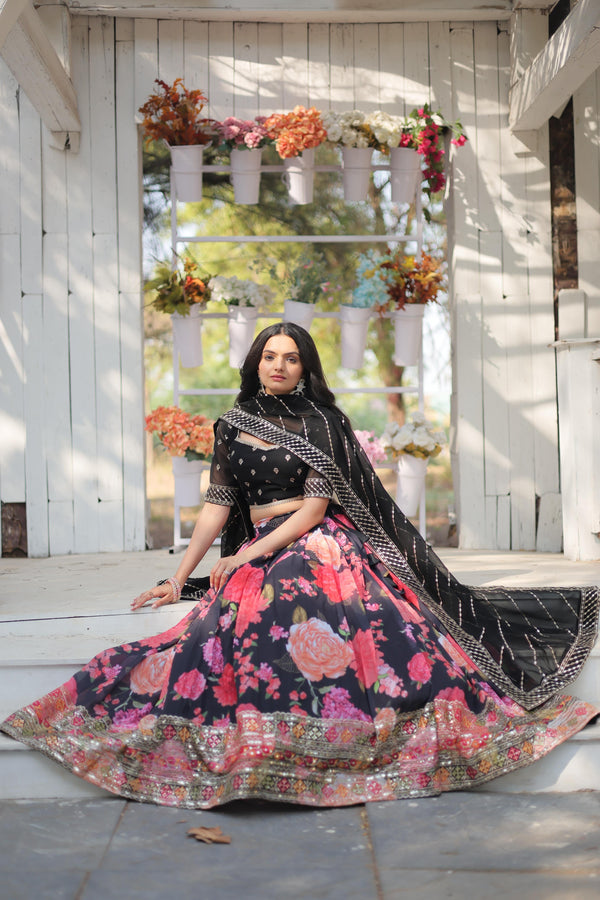 Exquisite Collection Black And Flower Digital Printed Georgette Lehenga Choli