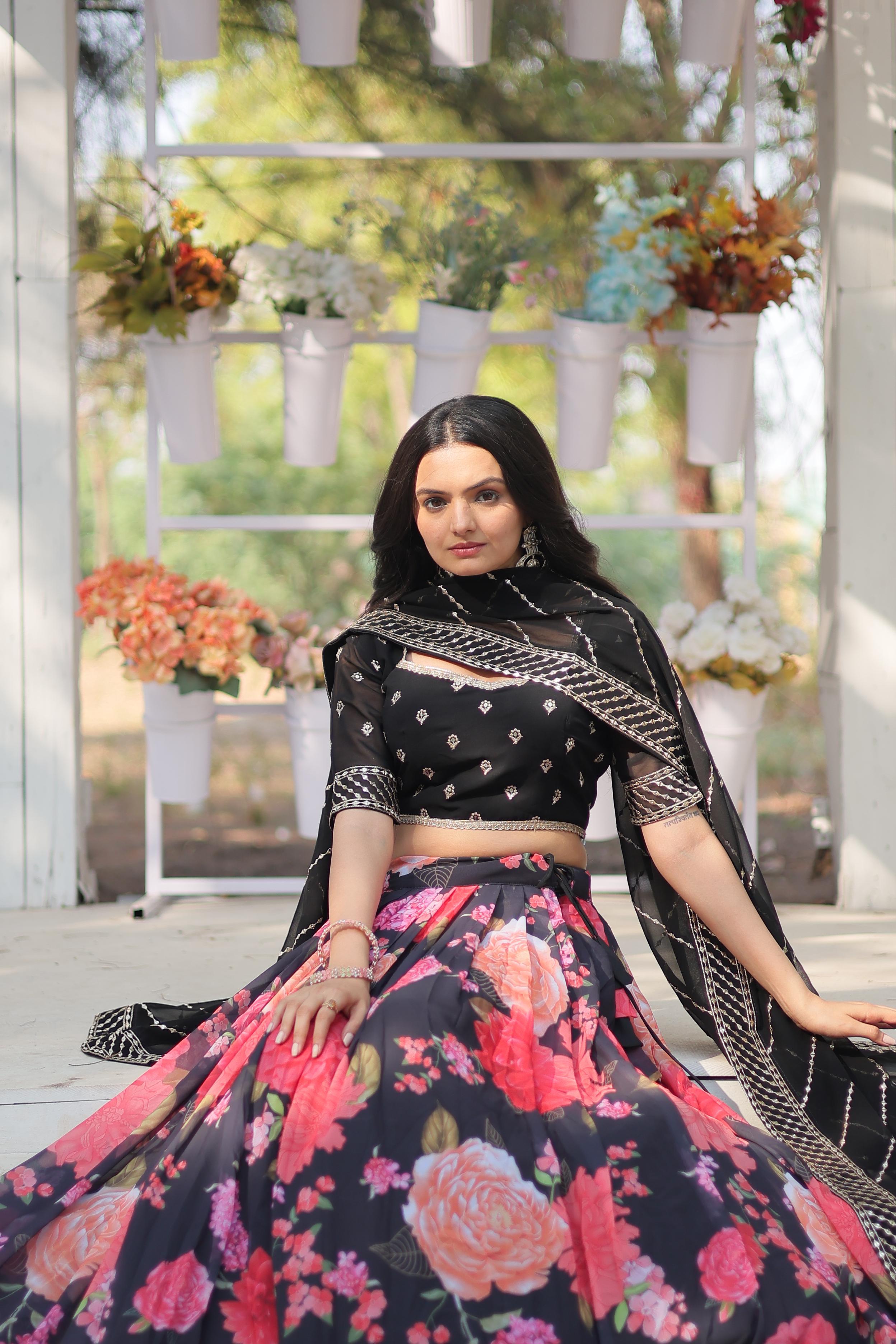 Exquisite Collection Black And Flower Digital Printed Georgette Lehenga Choli