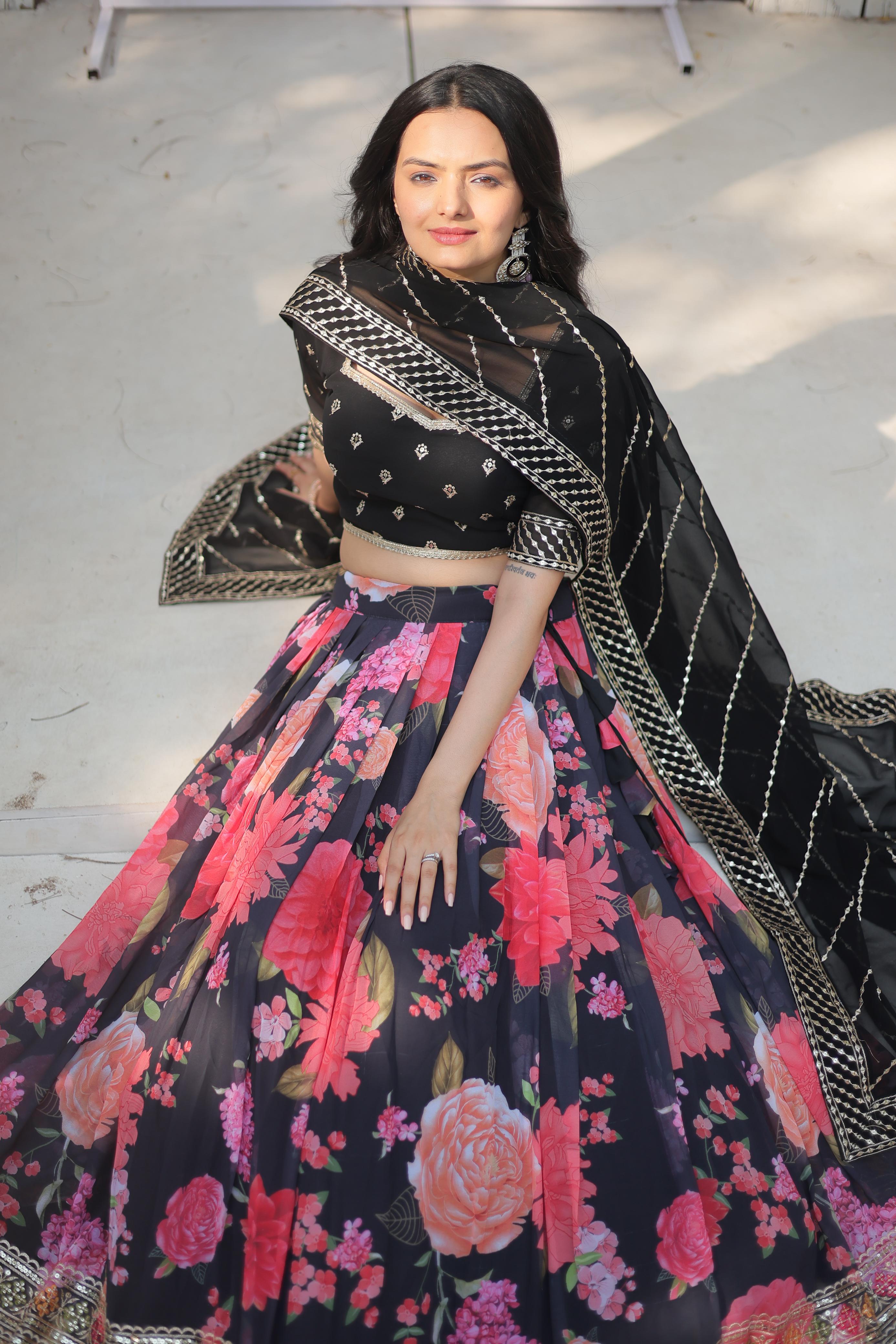 Exquisite Collection Black And Flower Digital Printed Georgette Lehenga Choli