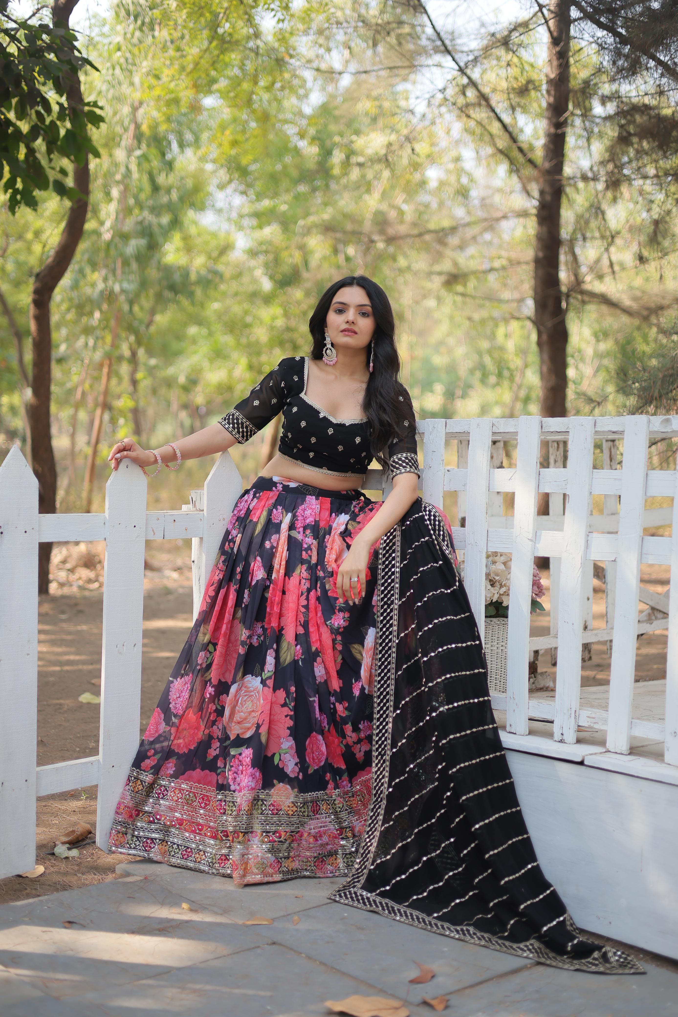 Exquisite Collection Black And Flower Digital Printed Georgette Lehenga Choli