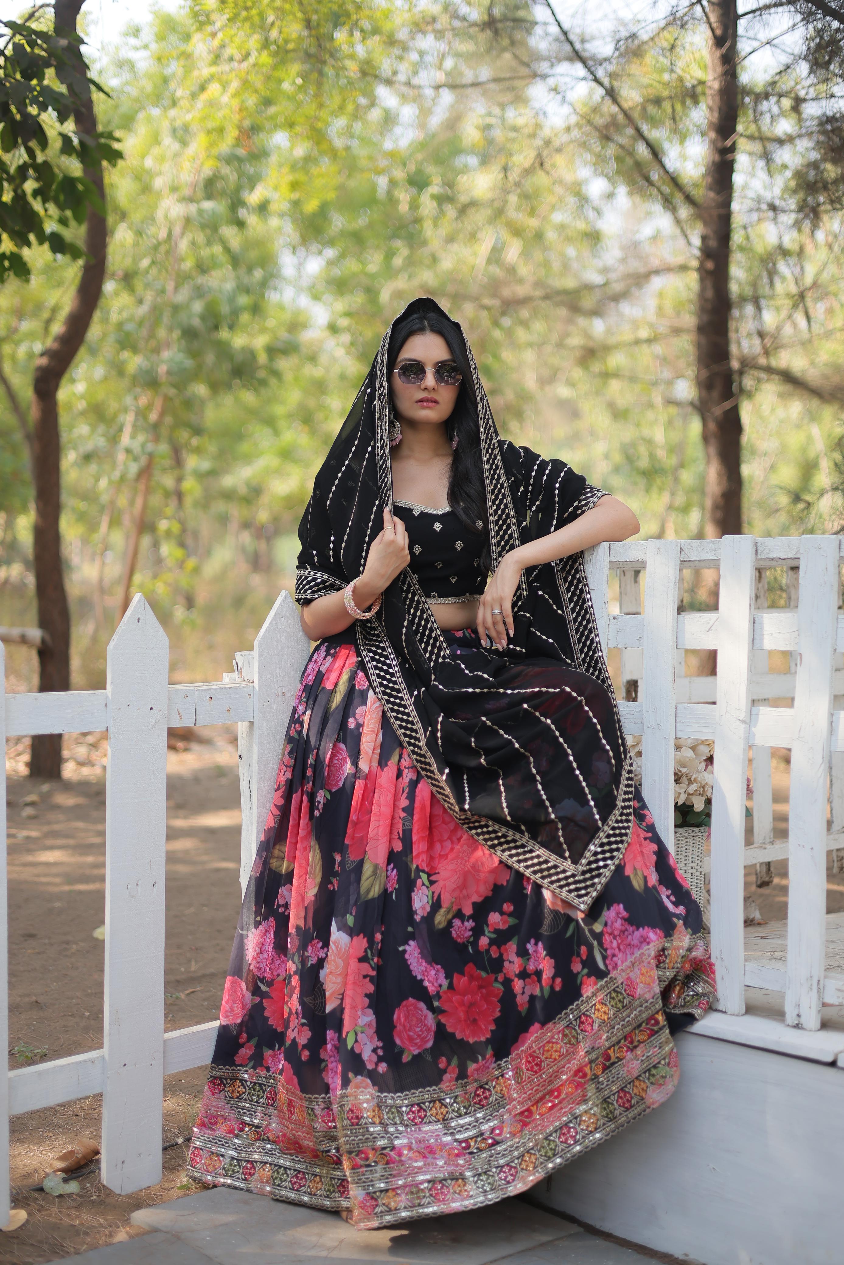 Exquisite Collection Black And Flower Digital Printed Georgette Lehenga Choli