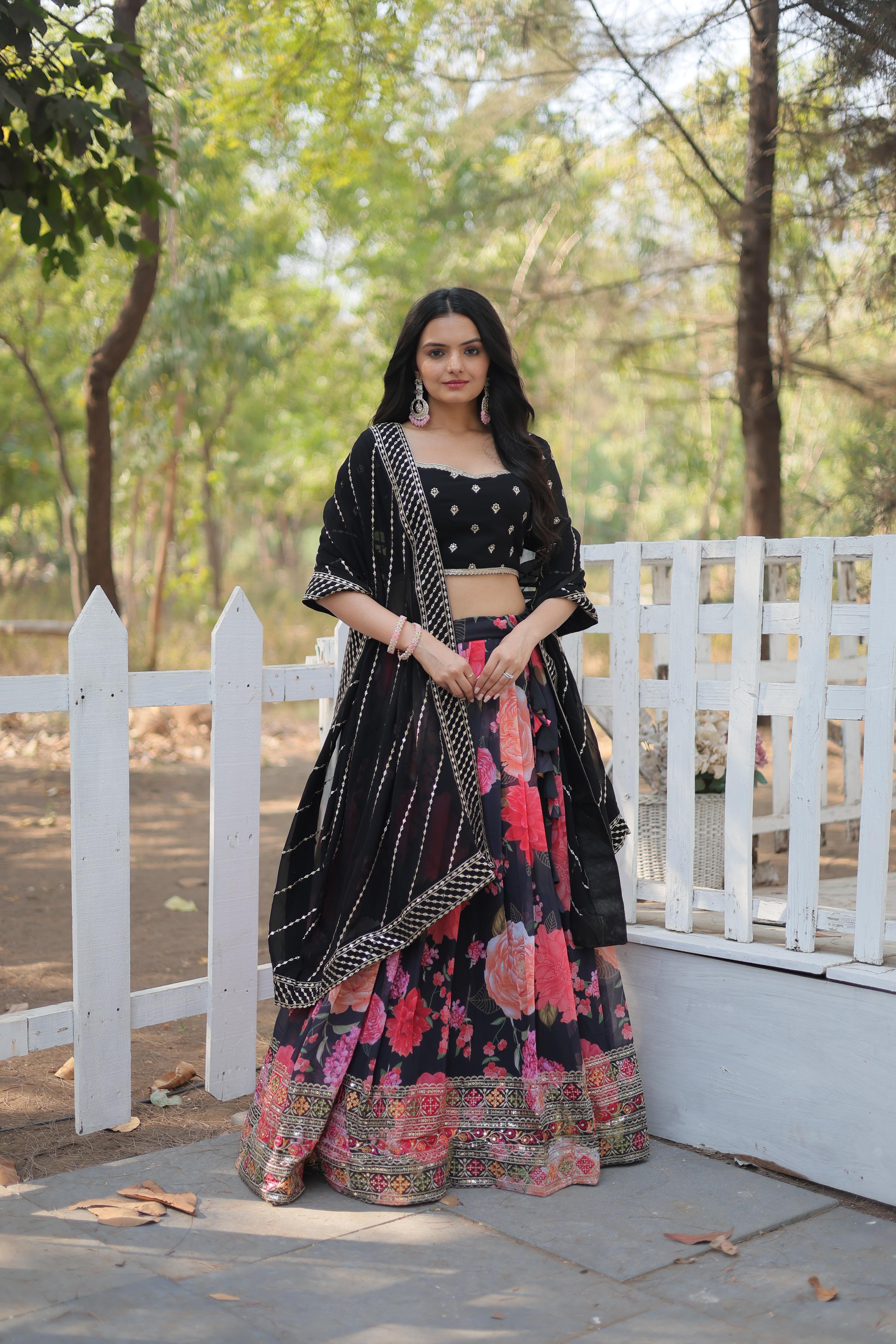 Exquisite Collection Black And Flower Digital Printed Georgette Lehenga Choli