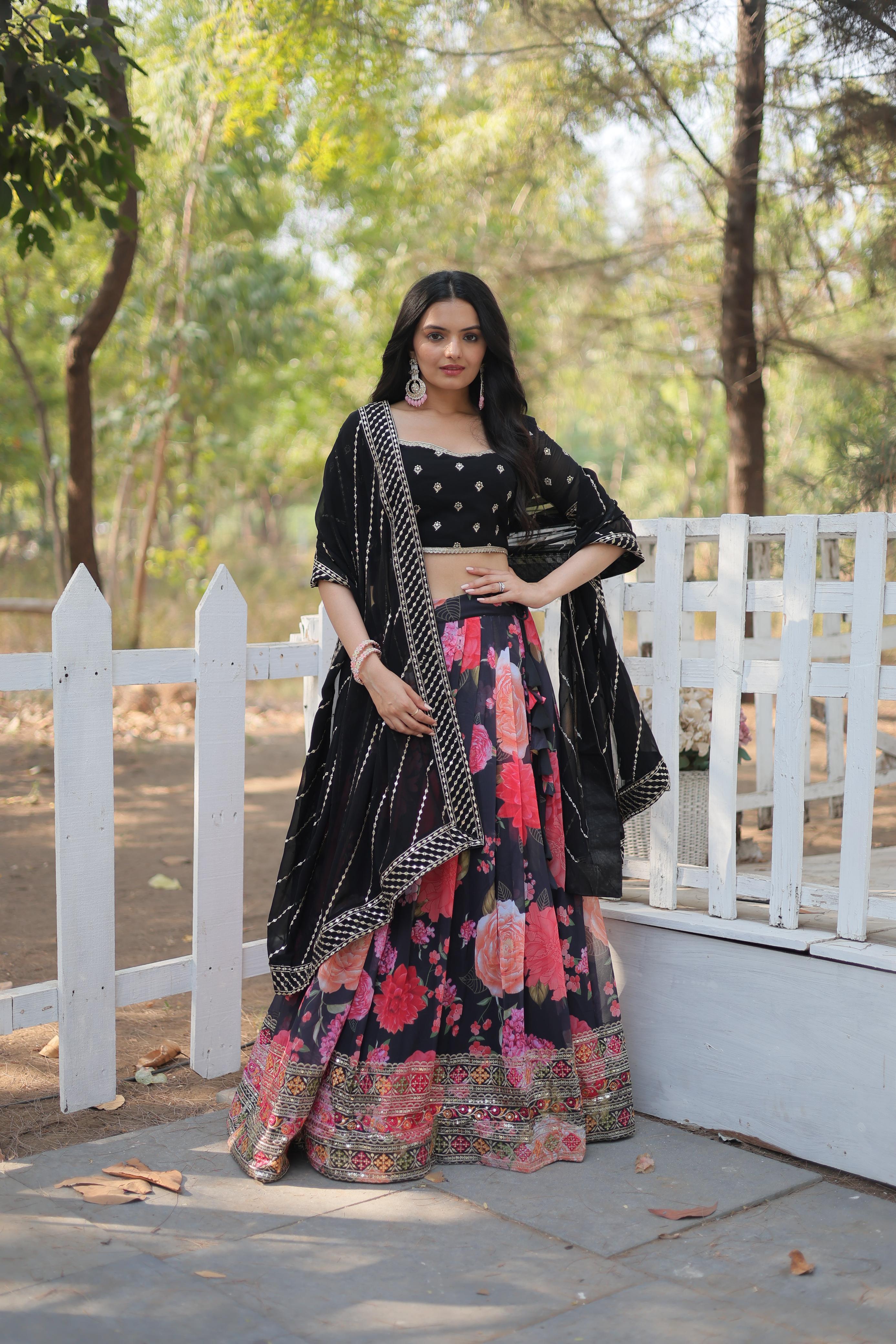 Exquisite Collection Black And Flower Digital Printed Georgette Lehenga Choli