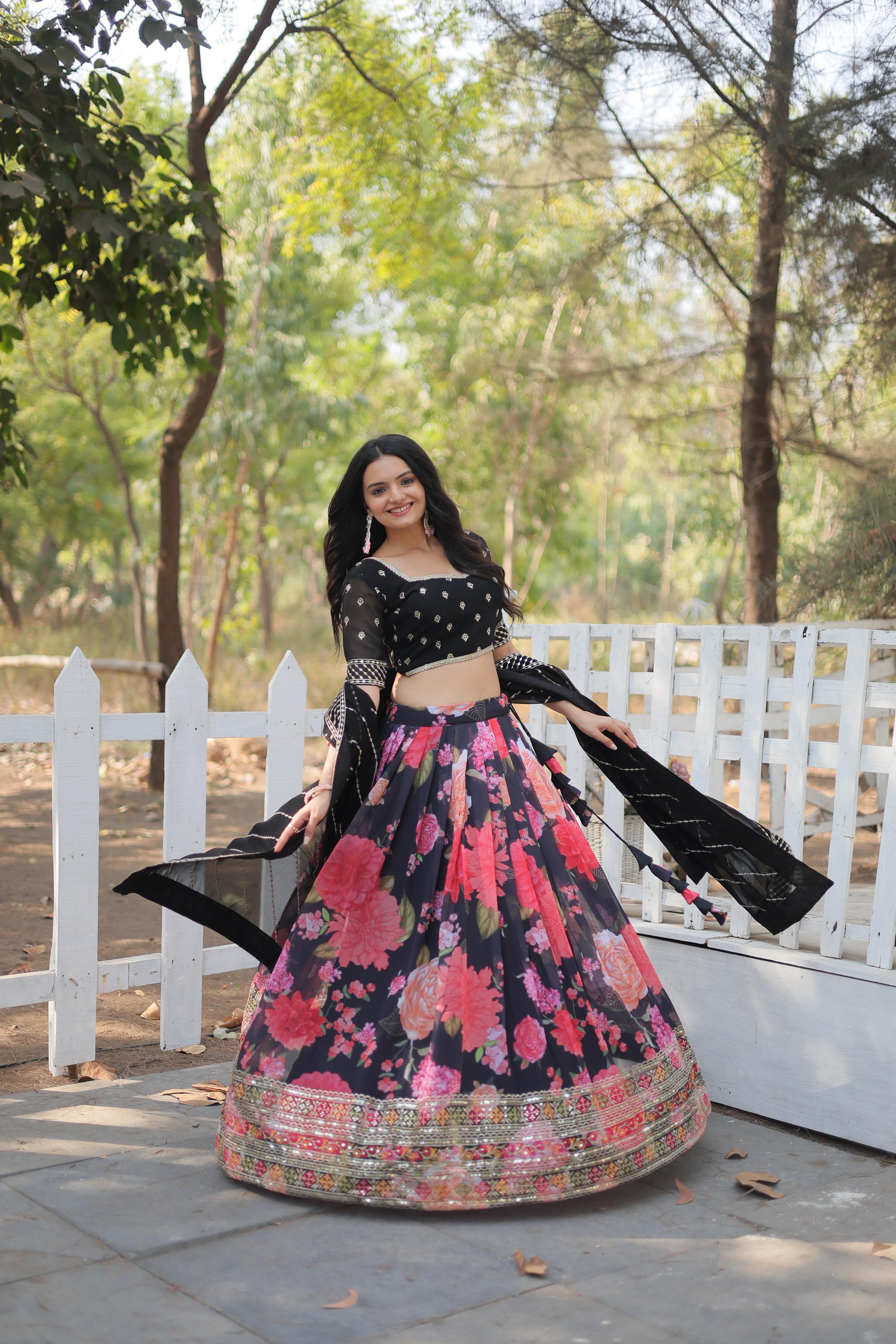 Exquisite Collection Black And Flower Digital Printed Georgette Lehenga Choli