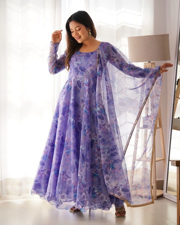 Fabulous Lavender Color Organza Taby Silk Anarkali Gown