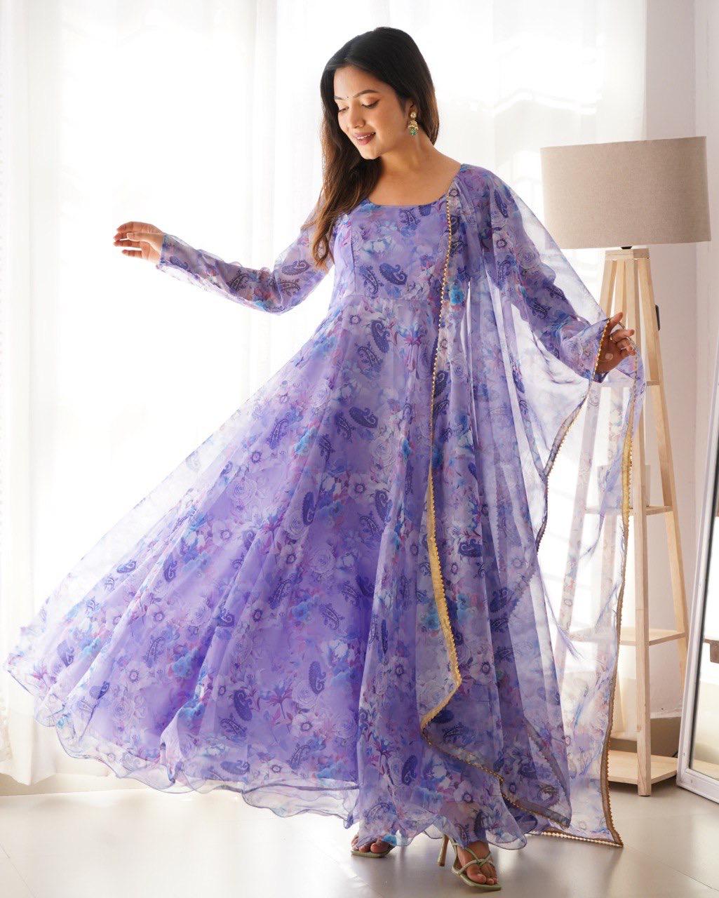 Fabulous Lavender Color Organza Taby Silk Anarkali Gown