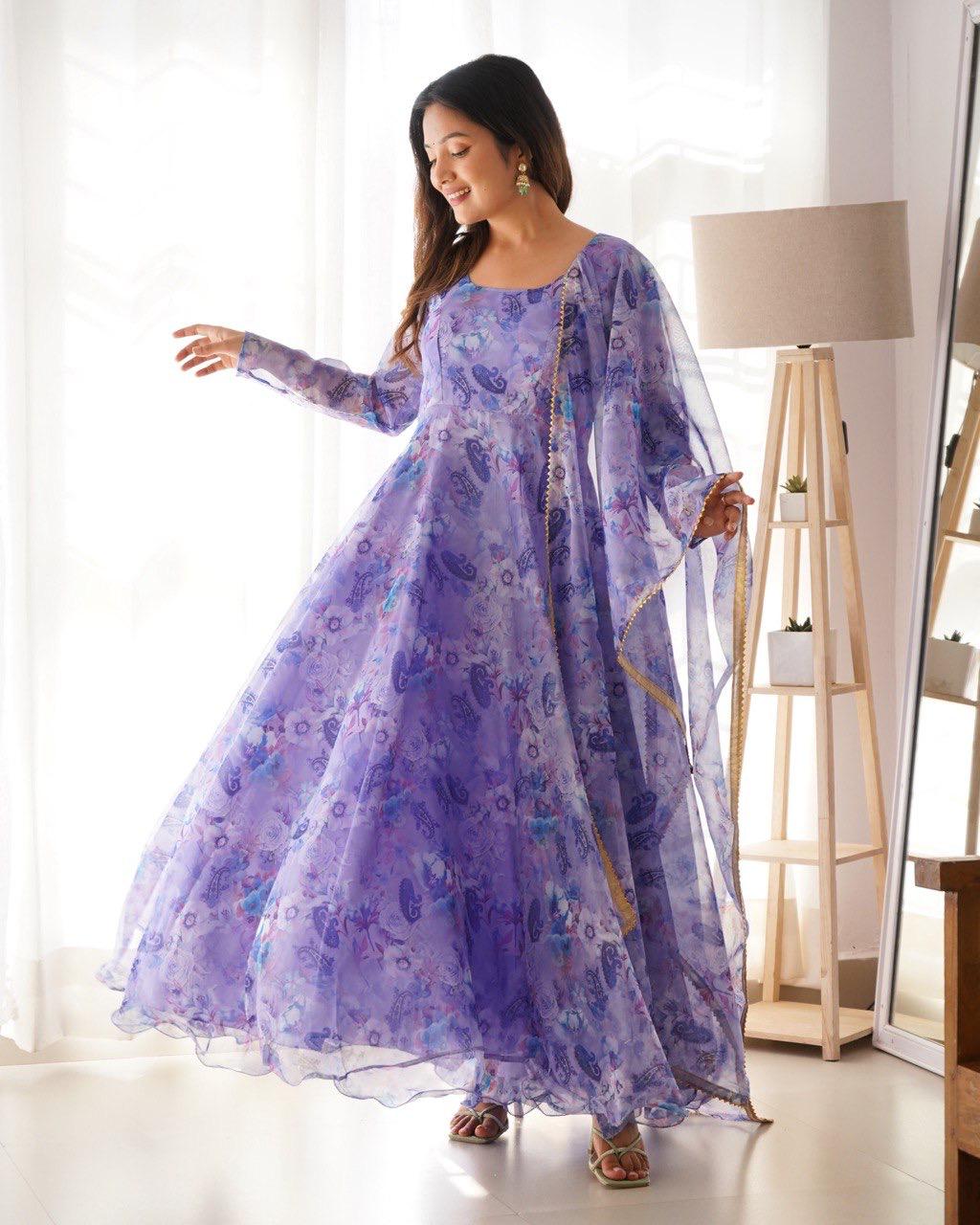 Fabulous Lavender Color Organza Taby Silk Anarkali Gown