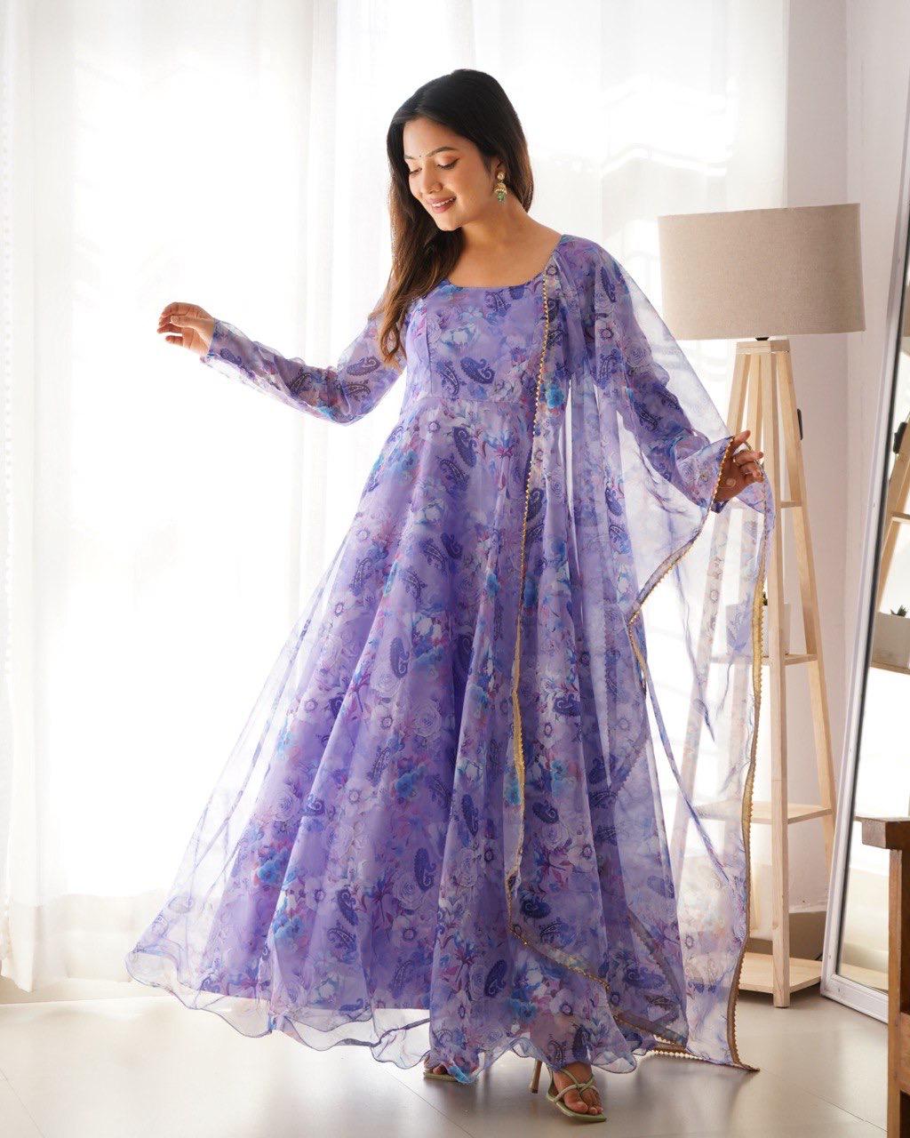 Fabulous Lavender Color Organza Taby Silk Anarkali Gown