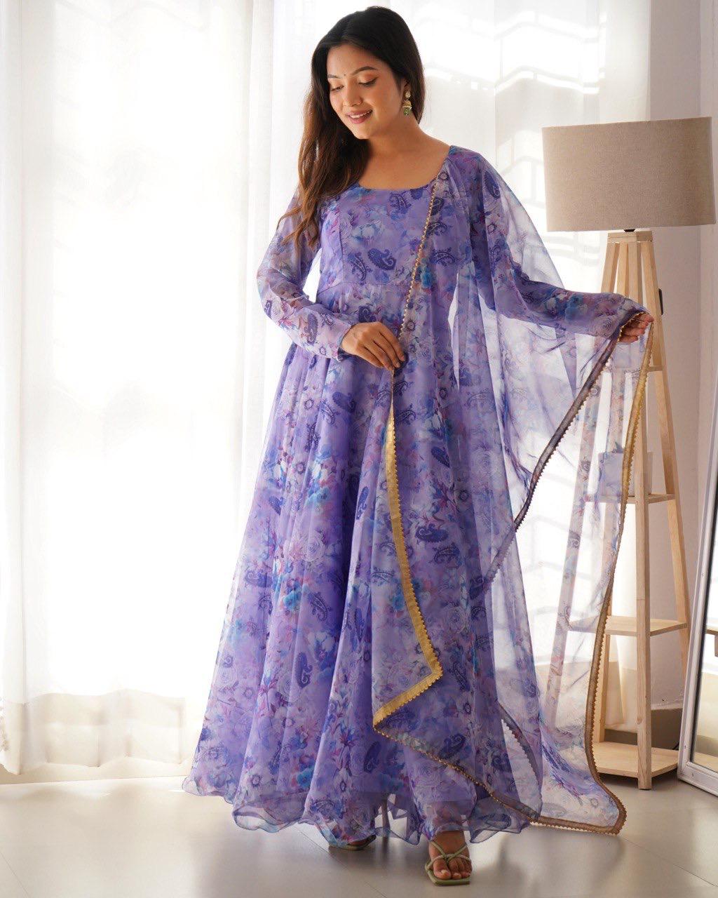 Fabulous Lavender Color Organza Taby Silk Anarkali Gown