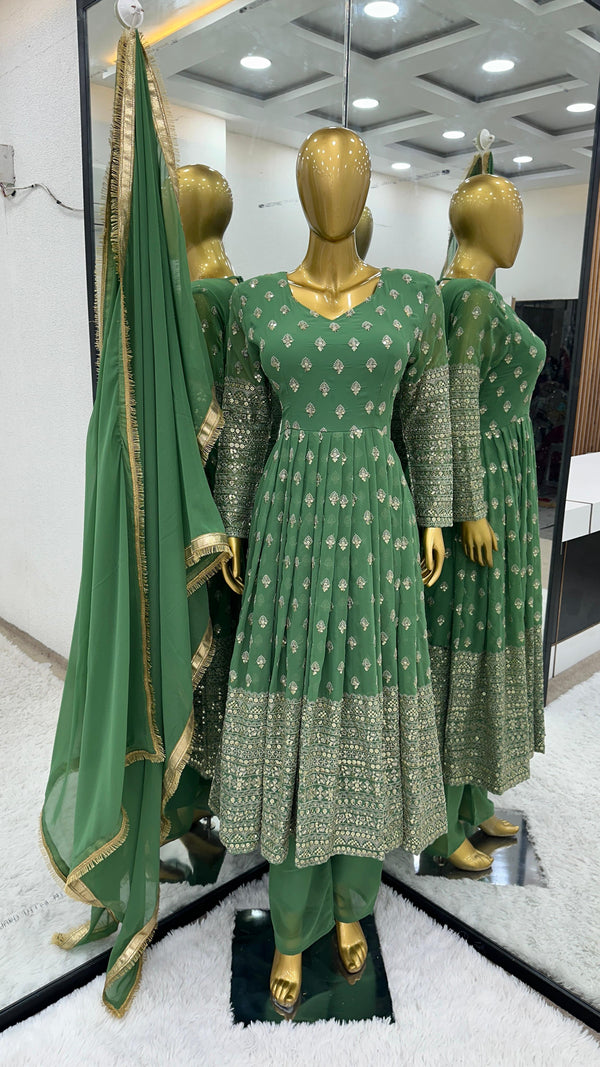 Festive Wear Green Color Heavy Embroidery With Sequence Work Designer Gown