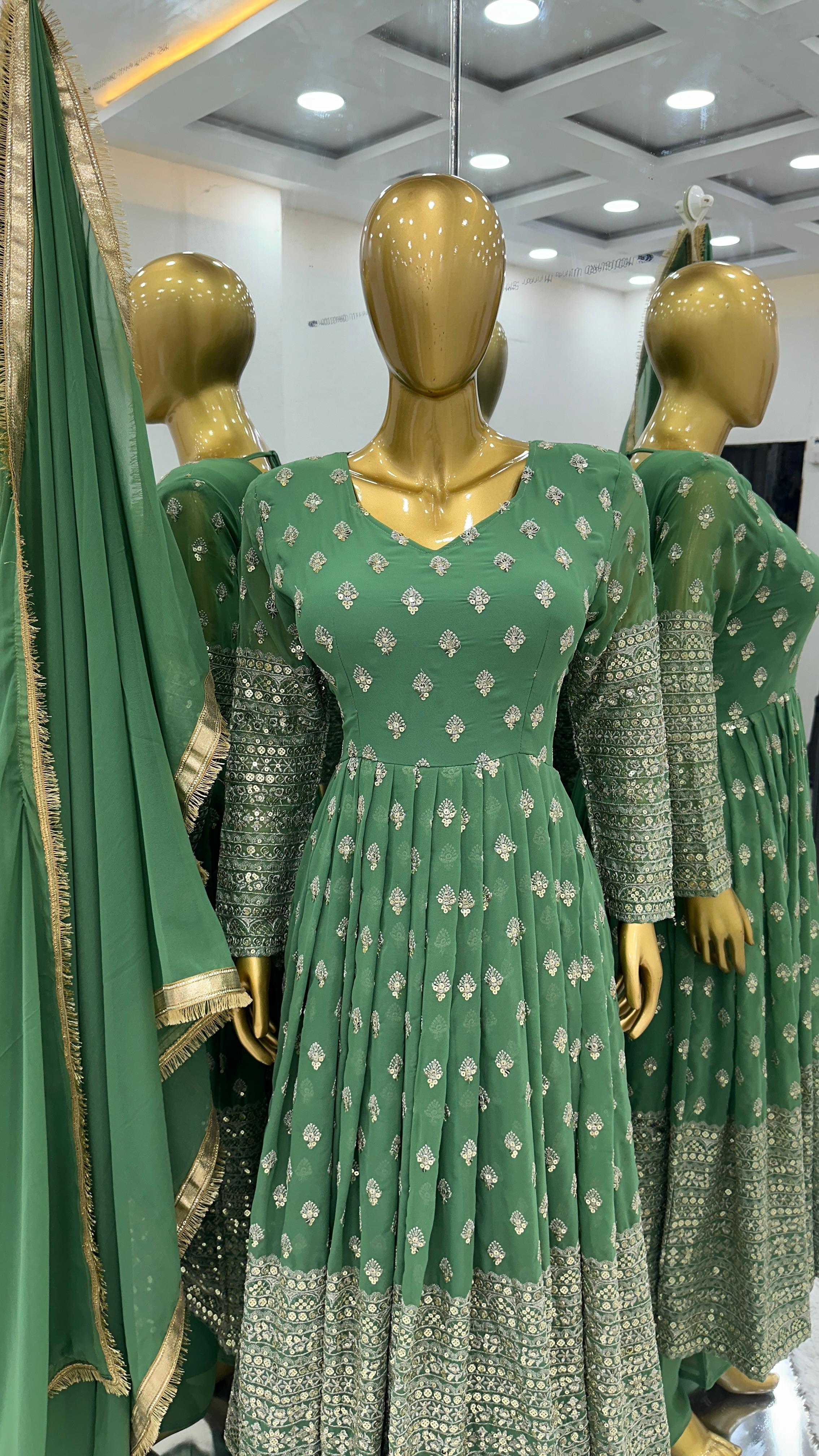 Festive Wear Green Color Heavy Embroidery With Sequence Work Designer Gown