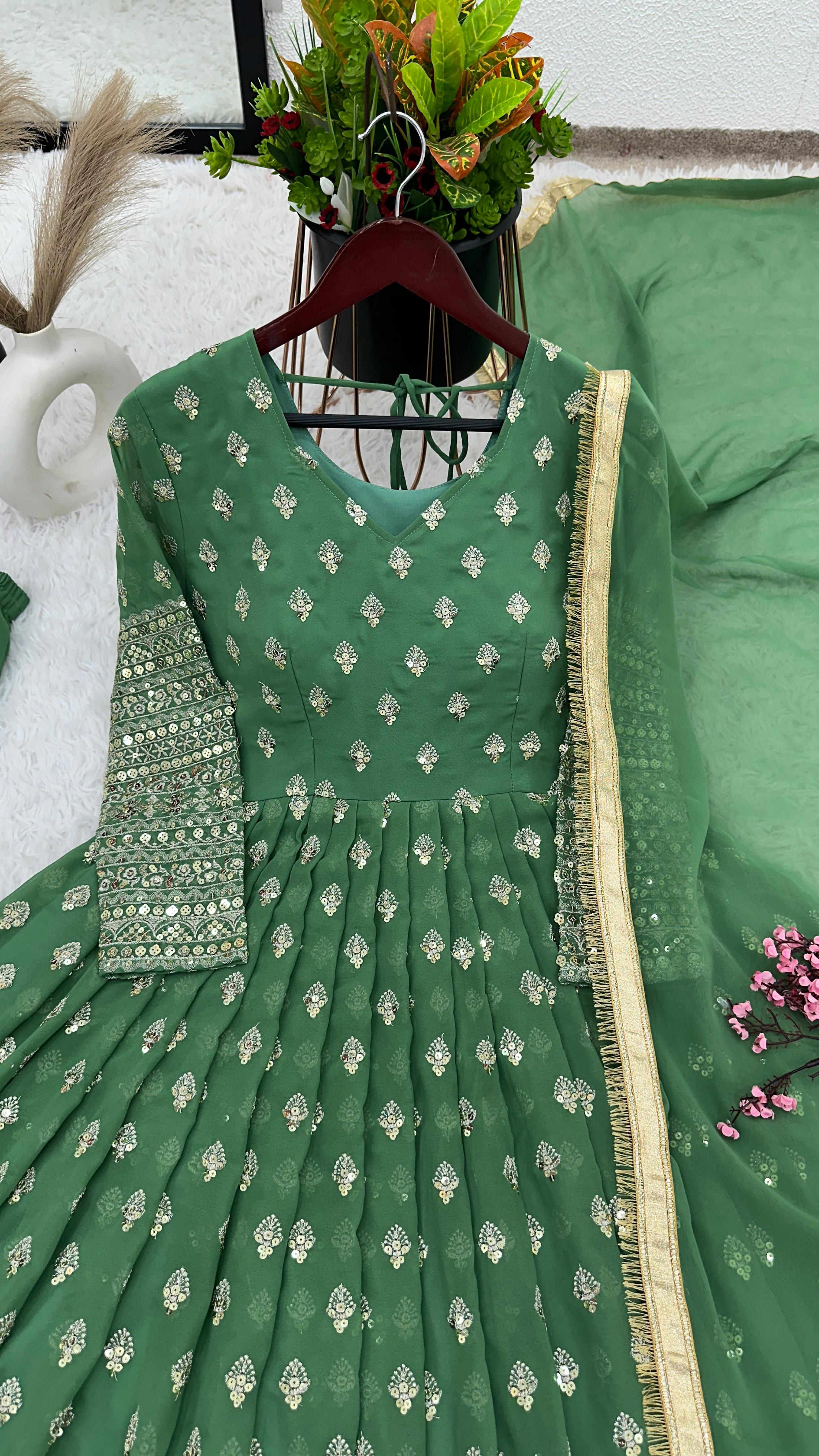 Festive Wear Green Color Heavy Embroidery With Sequence Work Designer Gown