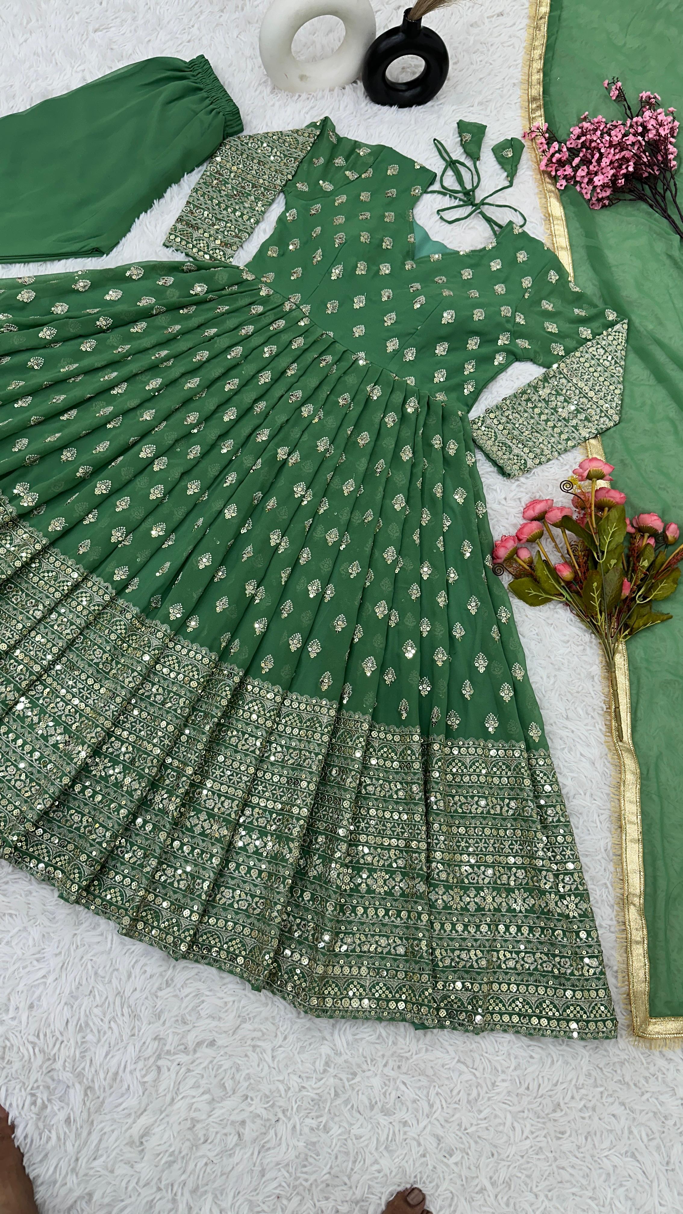 Festive Wear Green Color Heavy Embroidery With Sequence Work Designer Gown