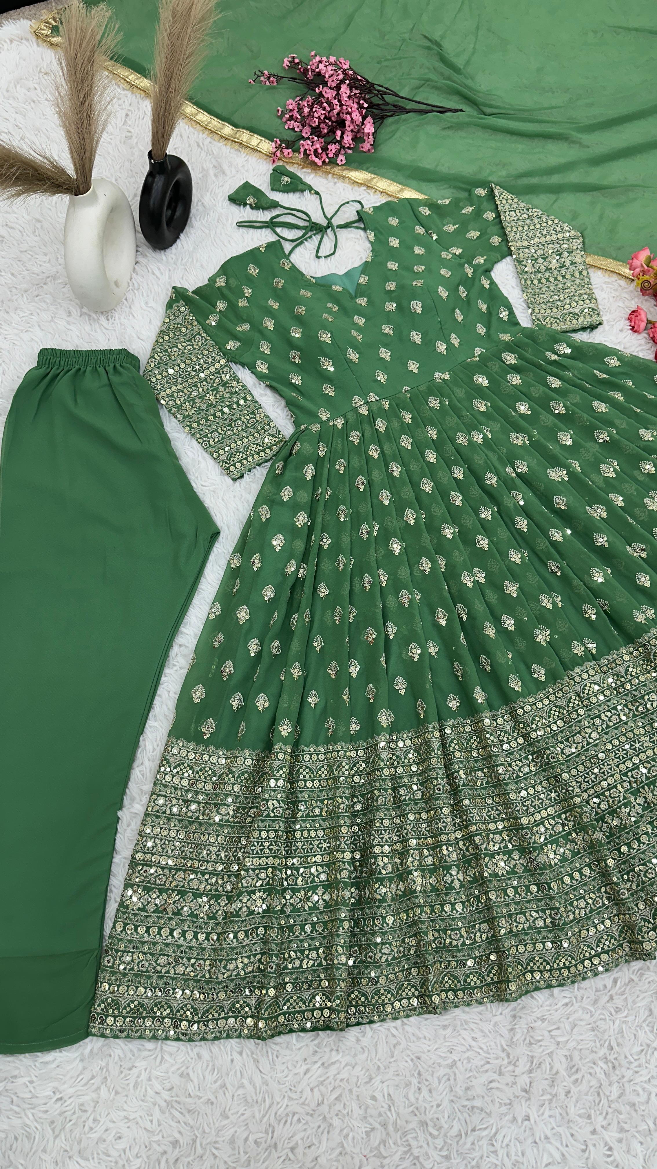 Festive Wear Green Color Heavy Embroidery With Sequence Work Designer Gown