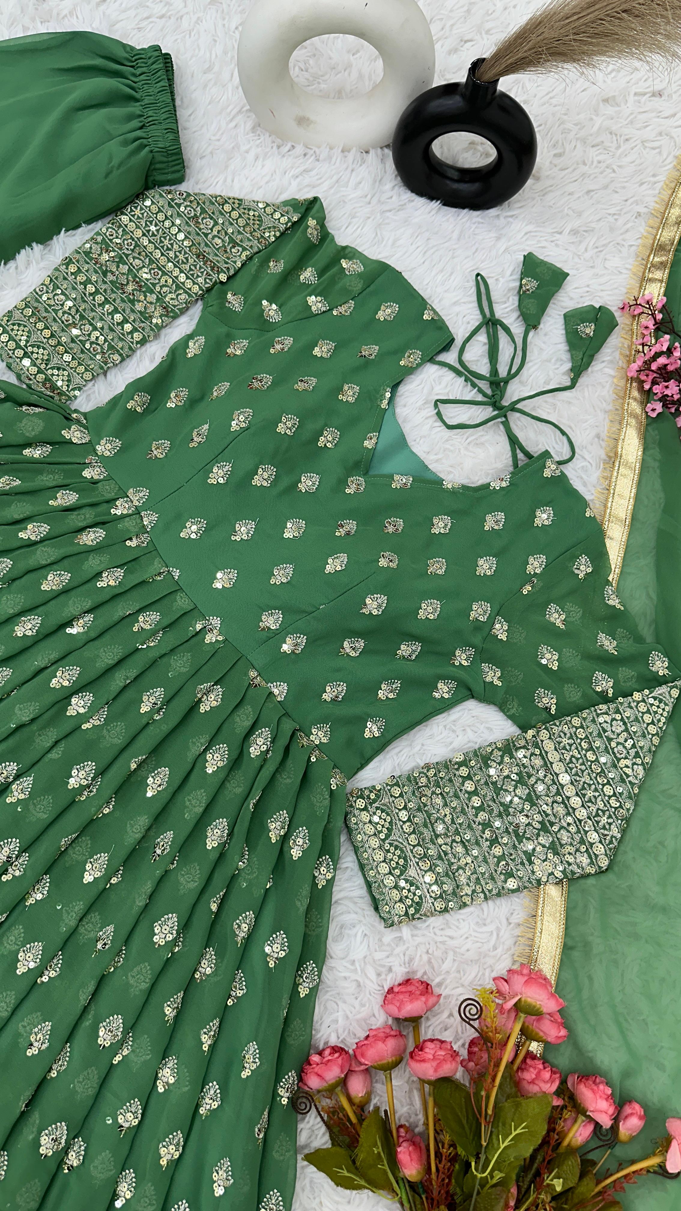 Festive Wear Green Color Heavy Embroidery With Sequence Work Designer Gown