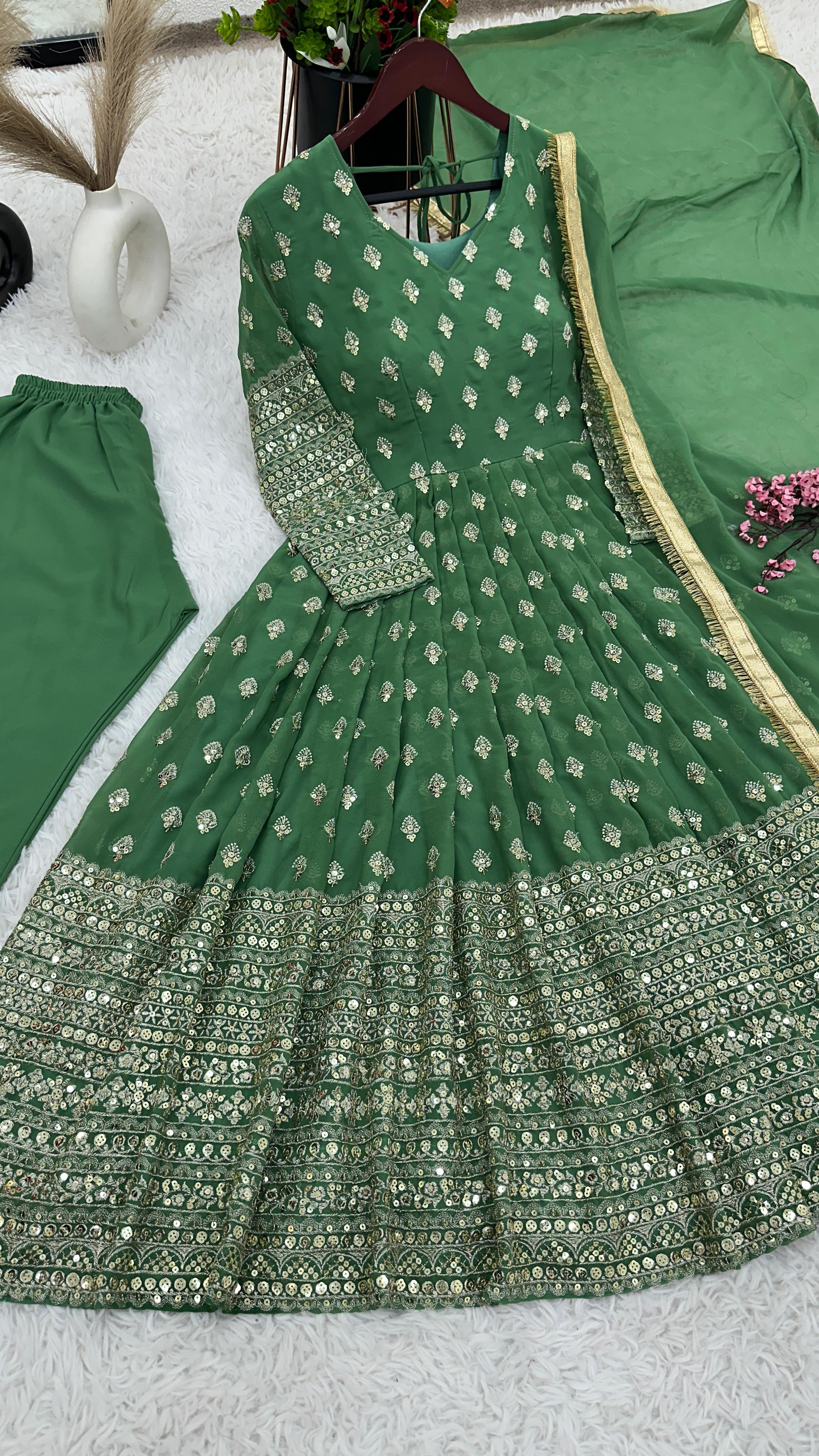 Festive Wear Green Color Heavy Embroidery With Sequence Work Designer Gown