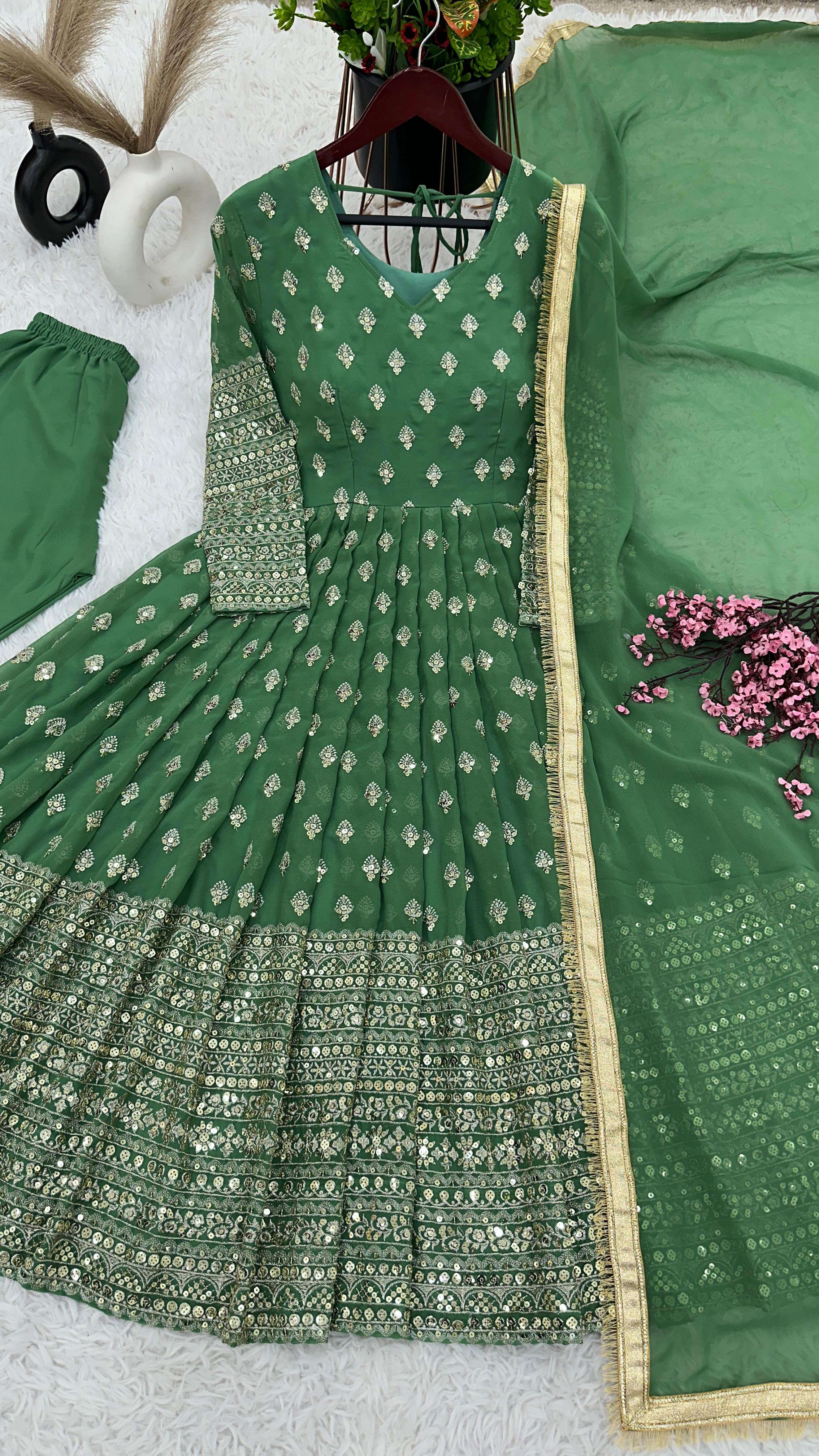 Festive Wear Green Color Heavy Embroidery With Sequence Work Designer Gown