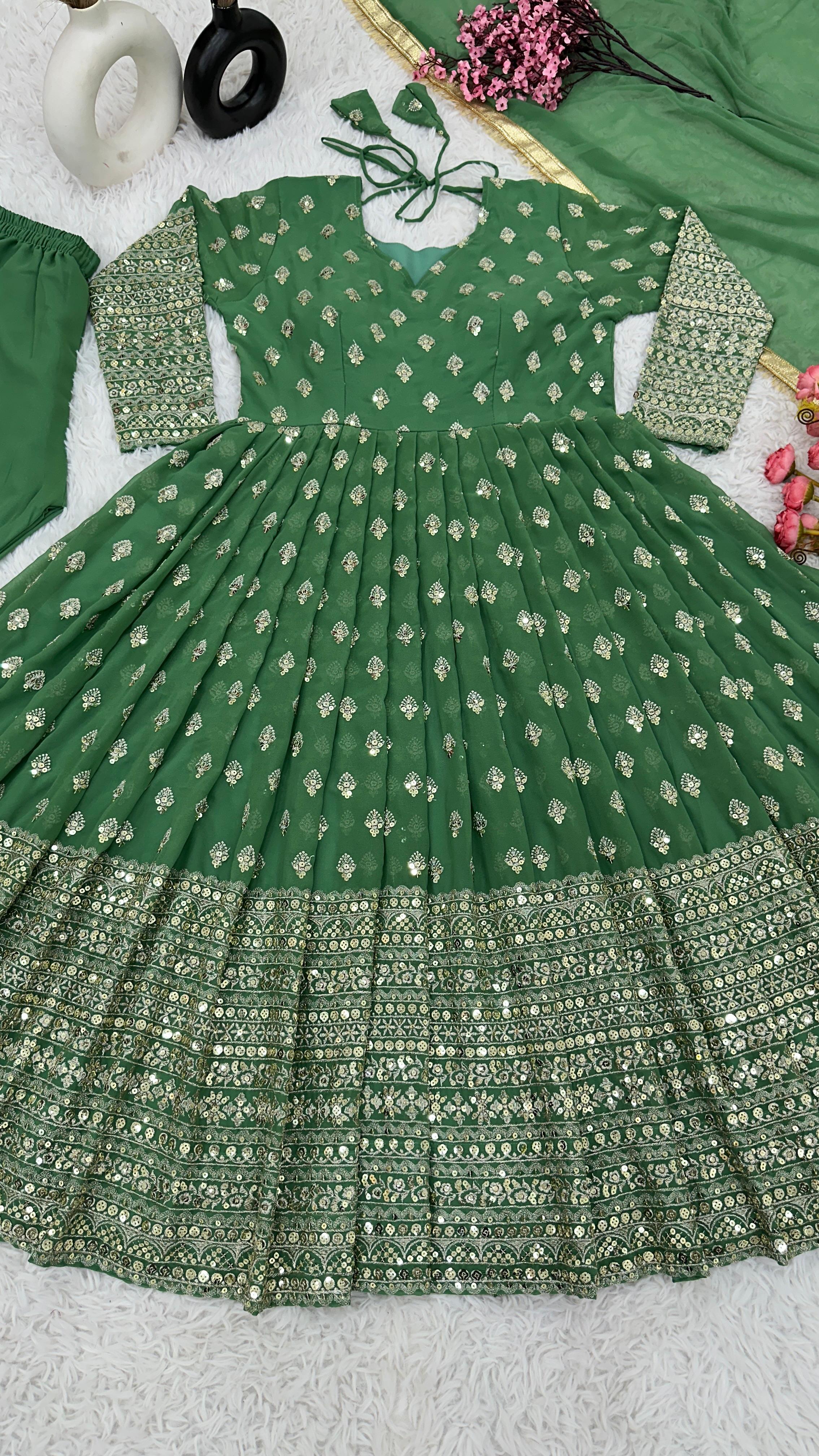 Festive Wear Green Color Heavy Embroidery With Sequence Work Designer Gown