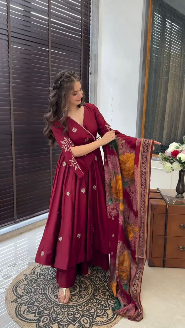 Ravishing Maroon Color Pure Chinon Silk With Embroidery Work With Fancy Full Sleeve Anarkali Plazzo Suit