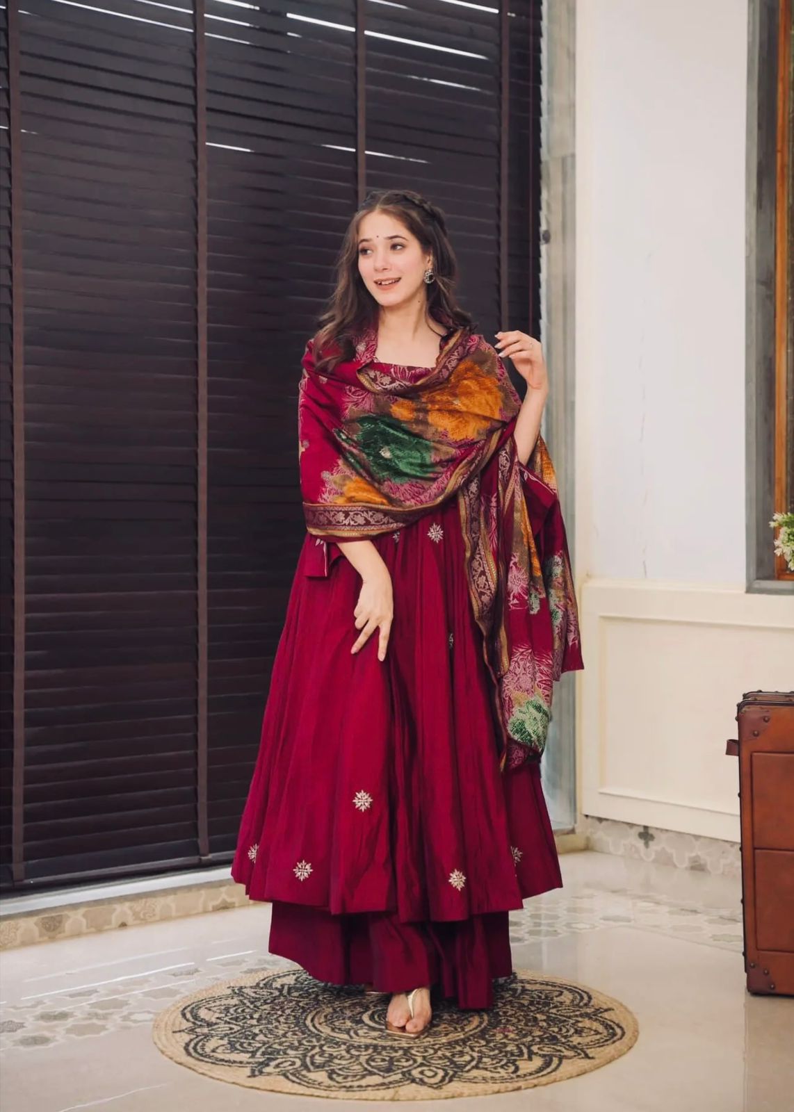 Ravishing Maroon Color Pure Chinon Silk With Embroidery Work With Fancy Full Sleeve Anarkali Plazzo Suit