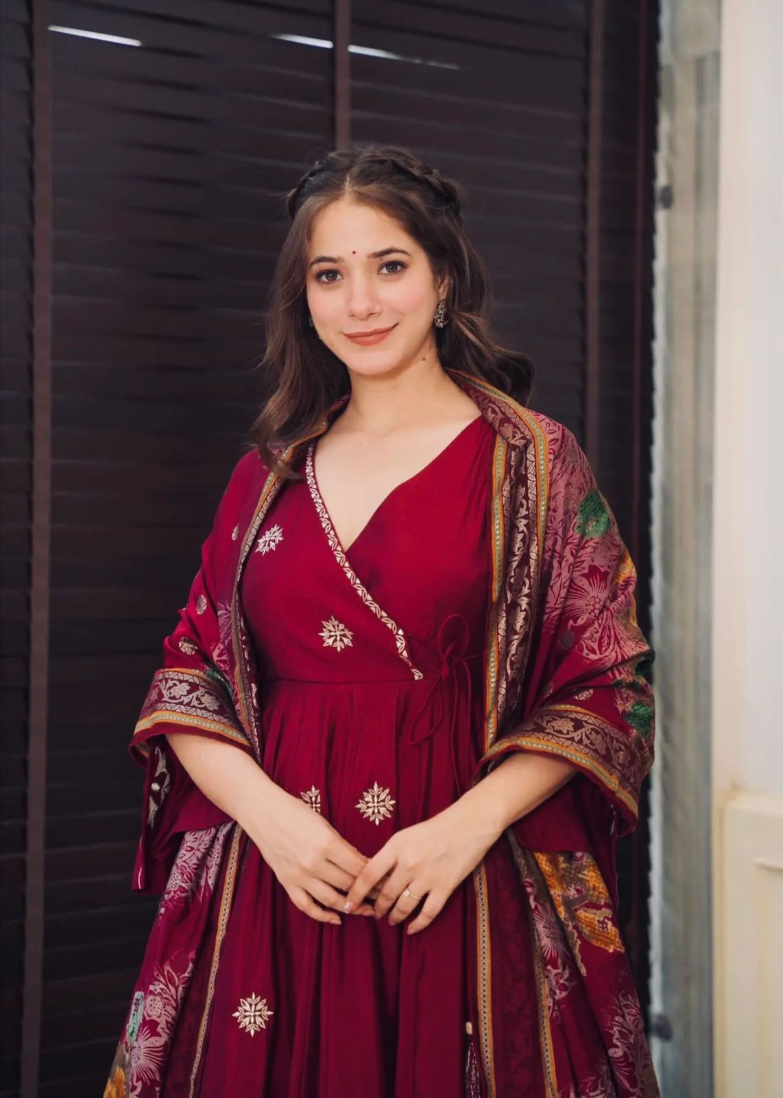 Ravishing Maroon Color Pure Chinon Silk With Embroidery Work With Fancy Full Sleeve Anarkali Plazzo Suit