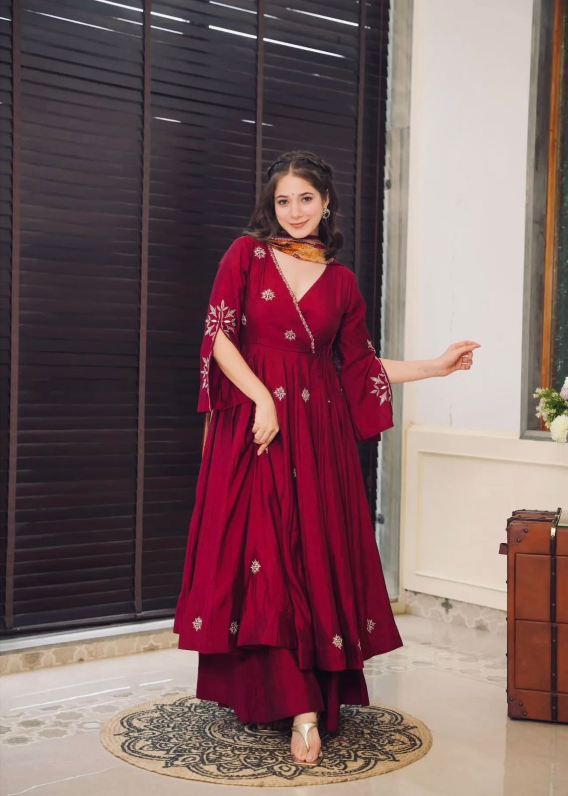 Ravishing Maroon Color Pure Chinon Silk With Embroidery Work With Fancy Full Sleeve Anarkali Plazzo Suit